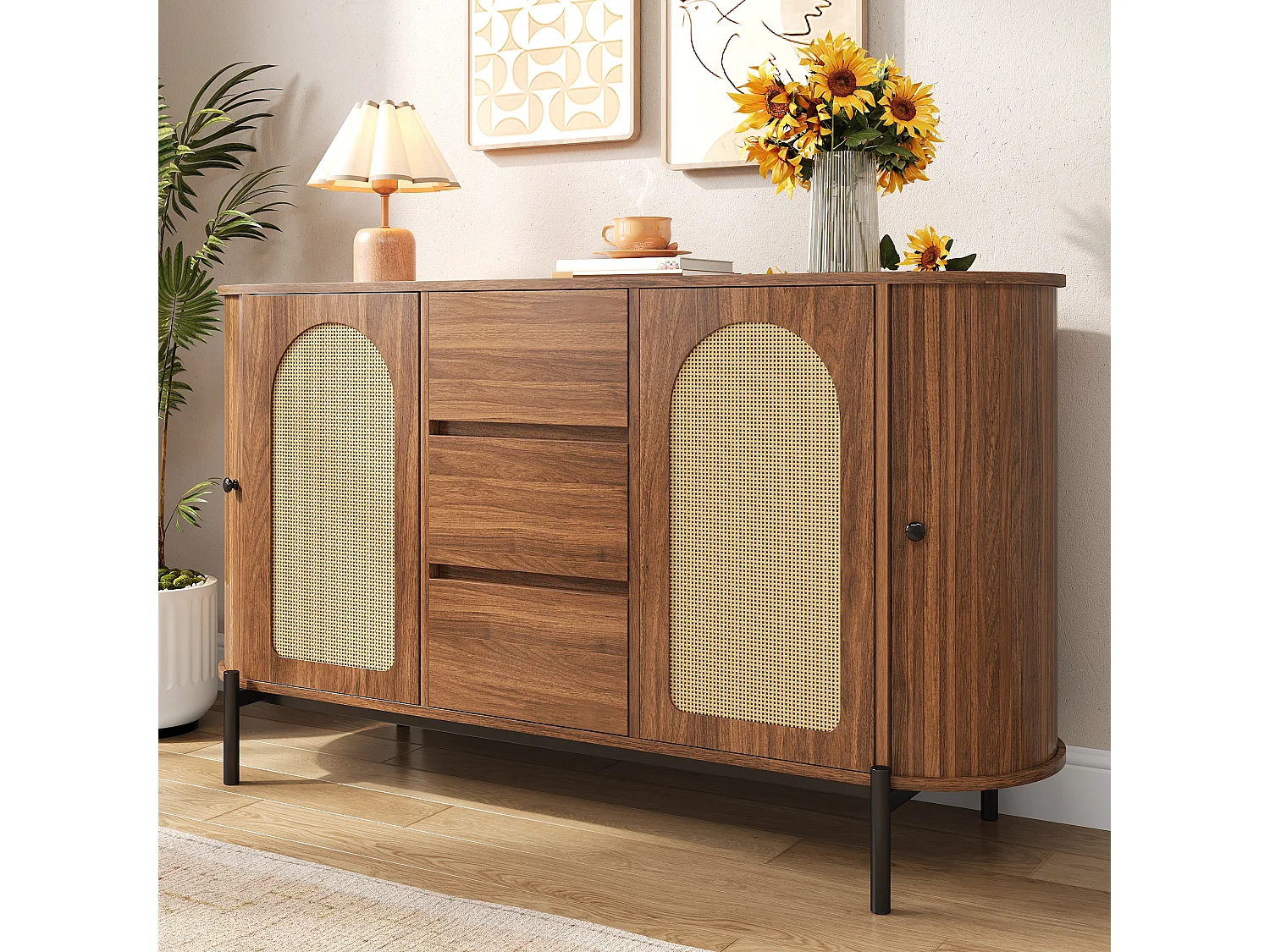 Buffet ovale en rotin 140x38x77.5cm - 4 portes et 3 tiroirs - Finition imitation bois - Pieds en métal - MDF - Marron