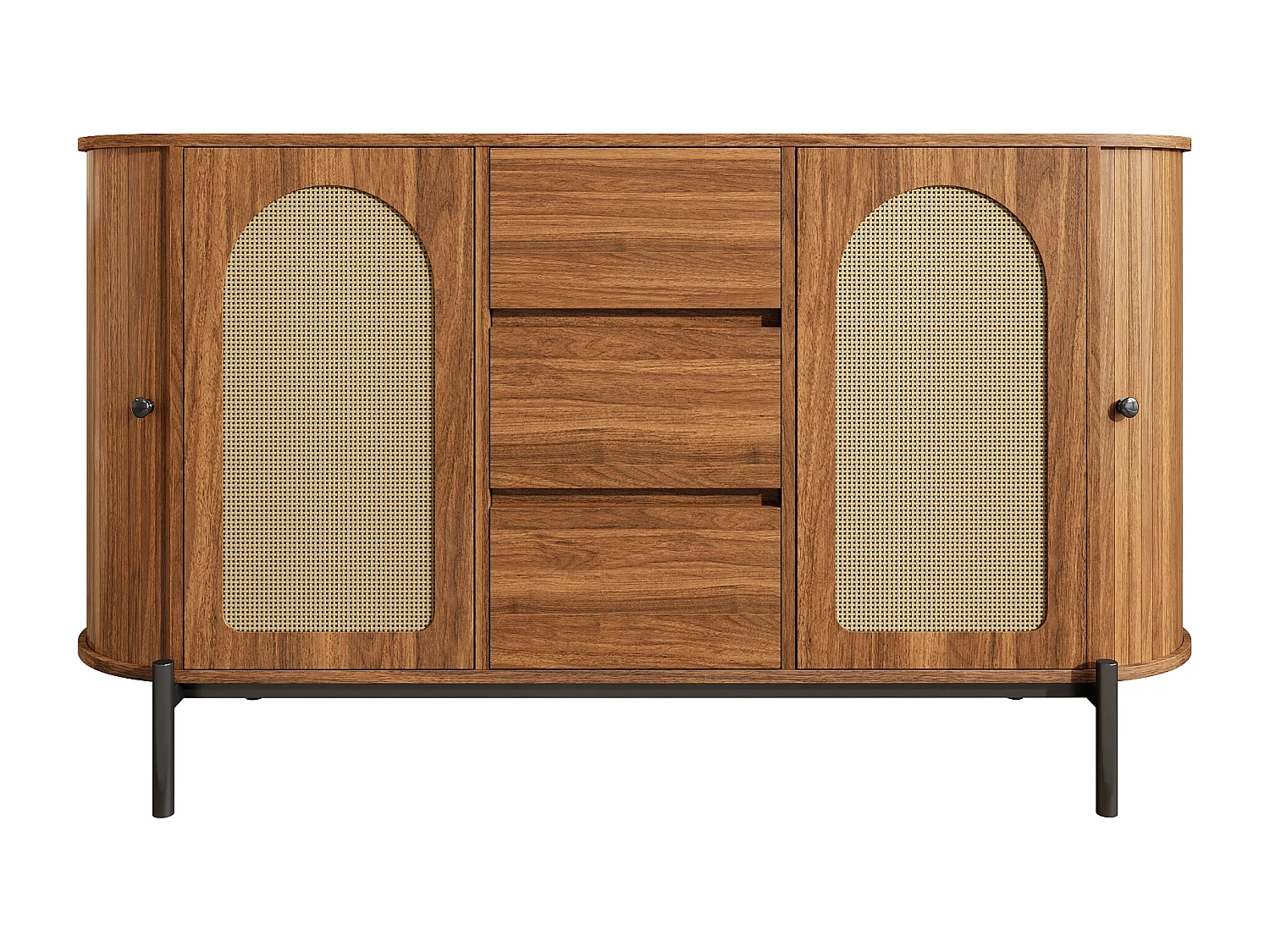 Buffet ovale en rotin 140x38x77.5cm - 4 portes et 3 tiroirs - Finition imitation bois - Pieds en métal - MDF - Marron