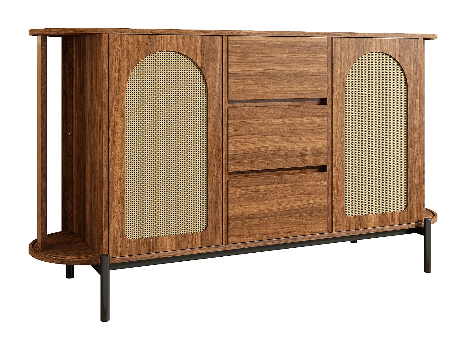 Buffet ovale en rotin 140x38x77.5cm - 4 portes et 3 tiroirs - Finition imitation bois - Pieds en métal - MDF - Marron