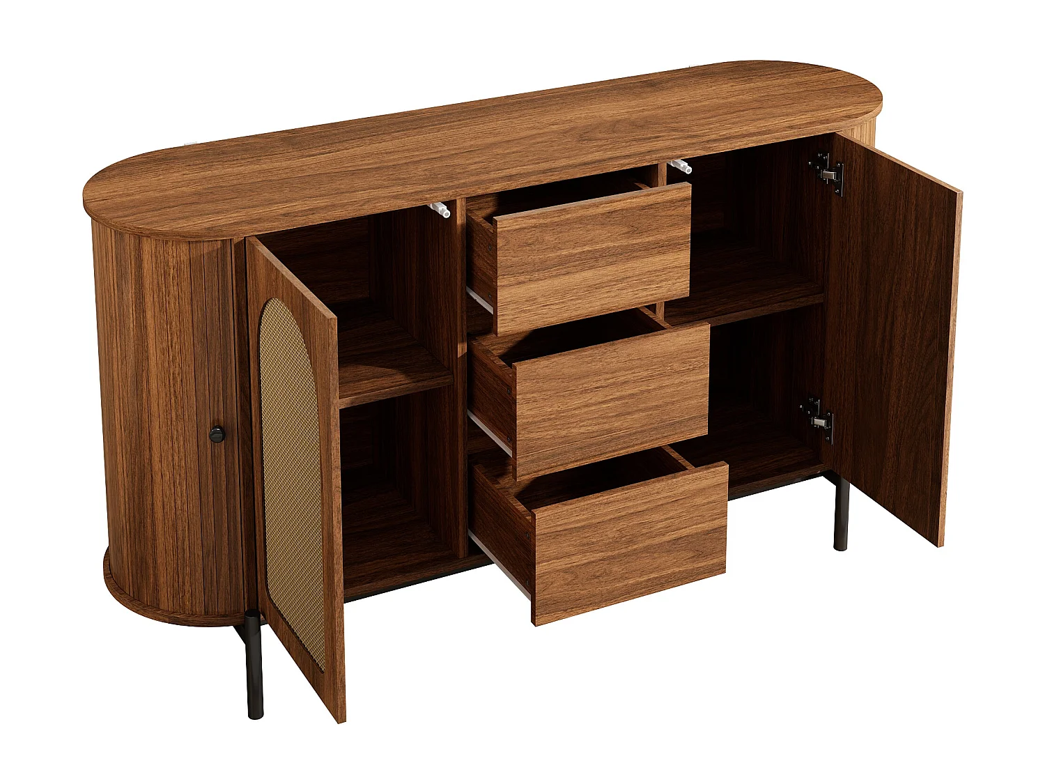 Buffet ovale en rotin 140x38x77.5cm - 4 portes et 3 tiroirs - Finition imitation bois - Pieds en métal - MDF - Marron