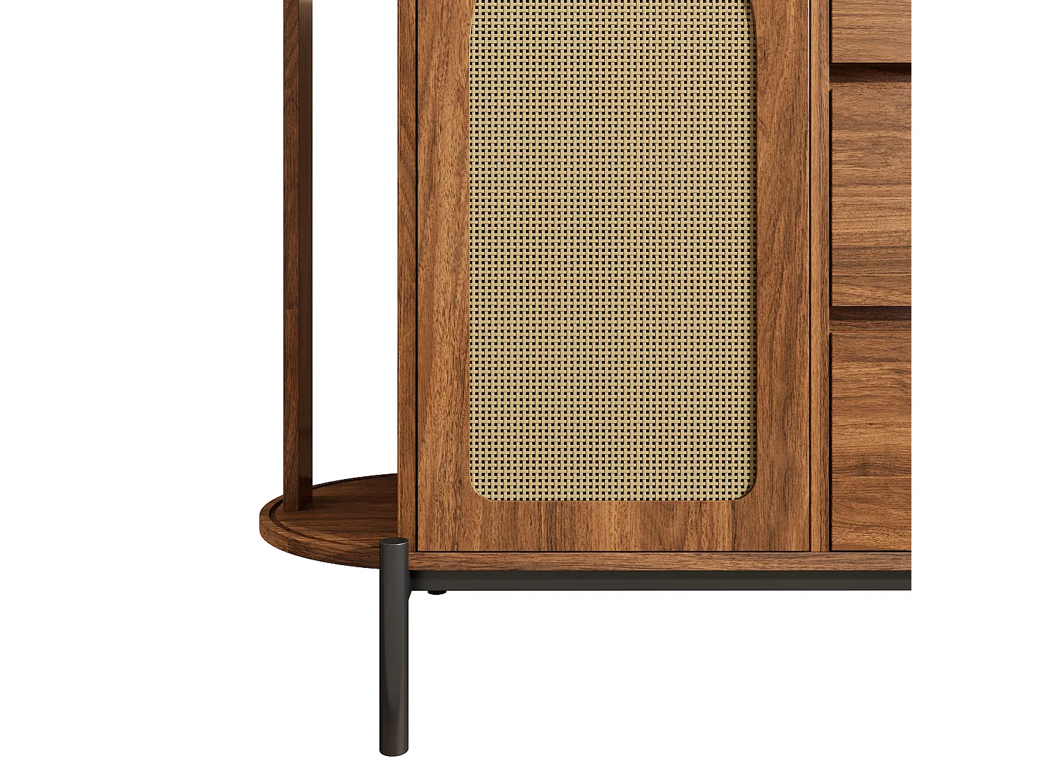 Buffet ovale en rotin 140x38x77.5cm - 4 portes et 3 tiroirs - Finition imitation bois - Pieds en métal - MDF - Marron