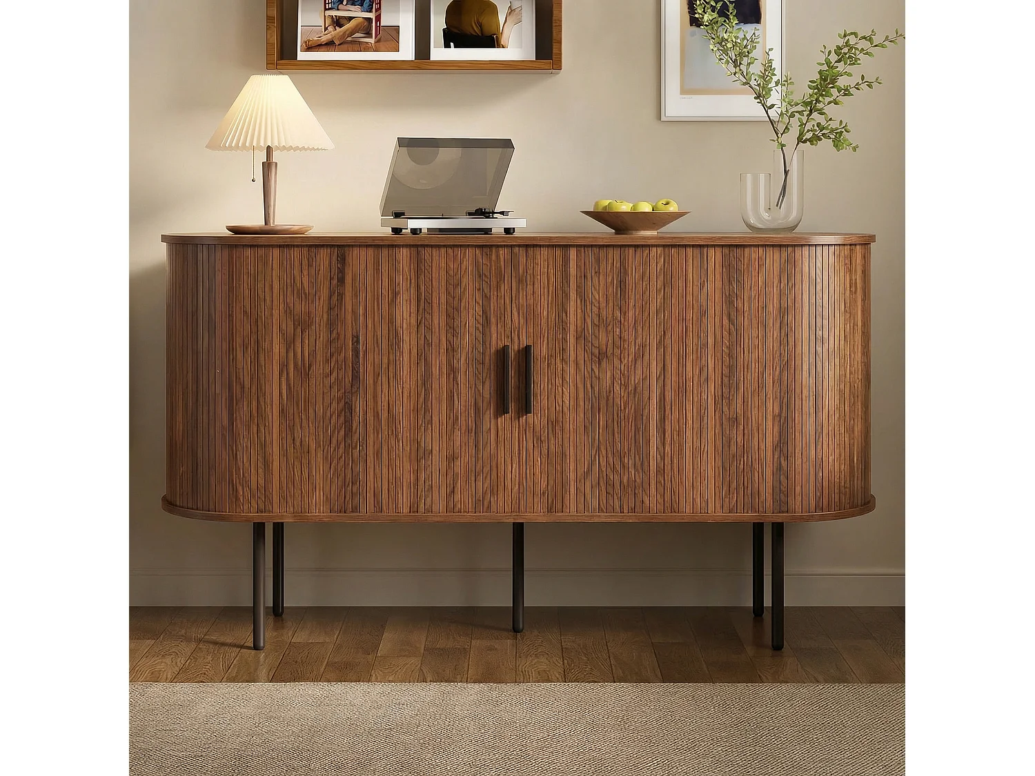 Buffet moderne 140x40x78 cm - 2 portes coulissantes - Poignées en aluminium, pieds en fer - MDF - Marron