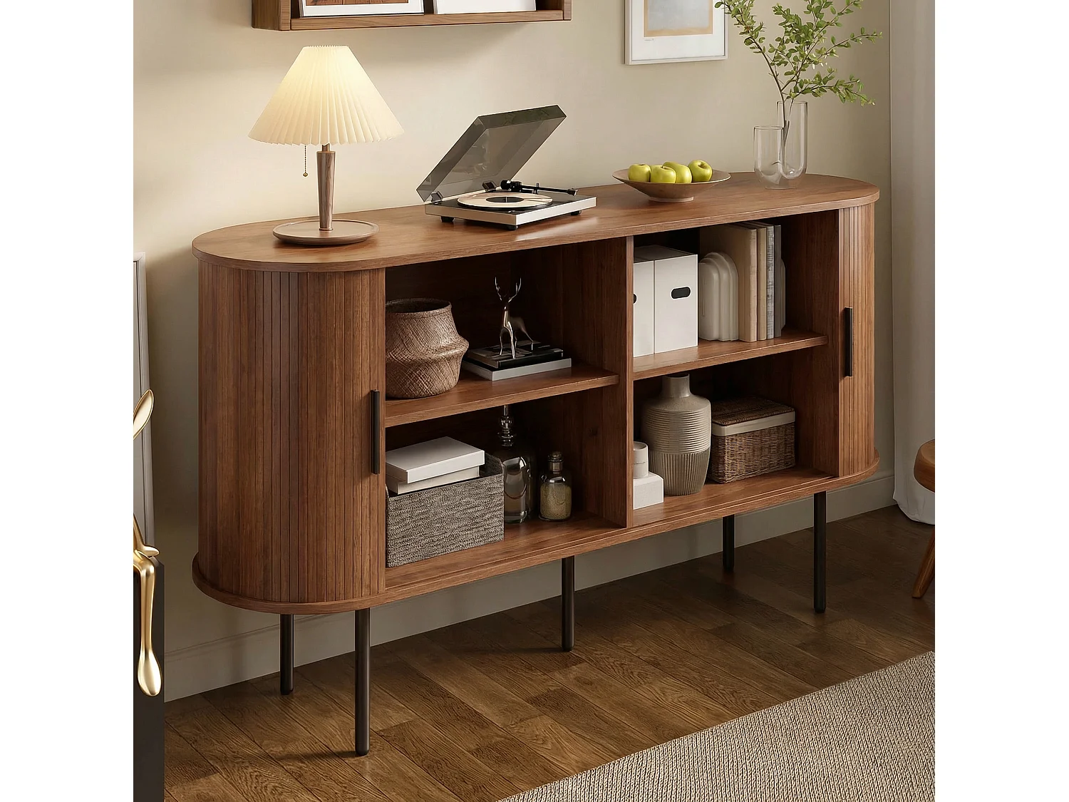 Buffet moderne 140x40x78 cm - 2 portes coulissantes - Poignées en aluminium, pieds en fer - MDF - Marron