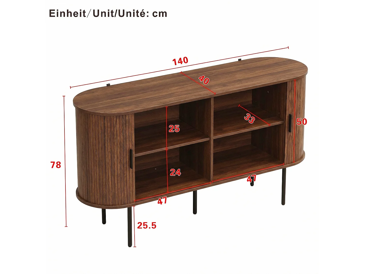Buffet moderne 140x40x78 cm - 2 portes coulissantes - Poignées en aluminium, pieds en fer - MDF - Marron