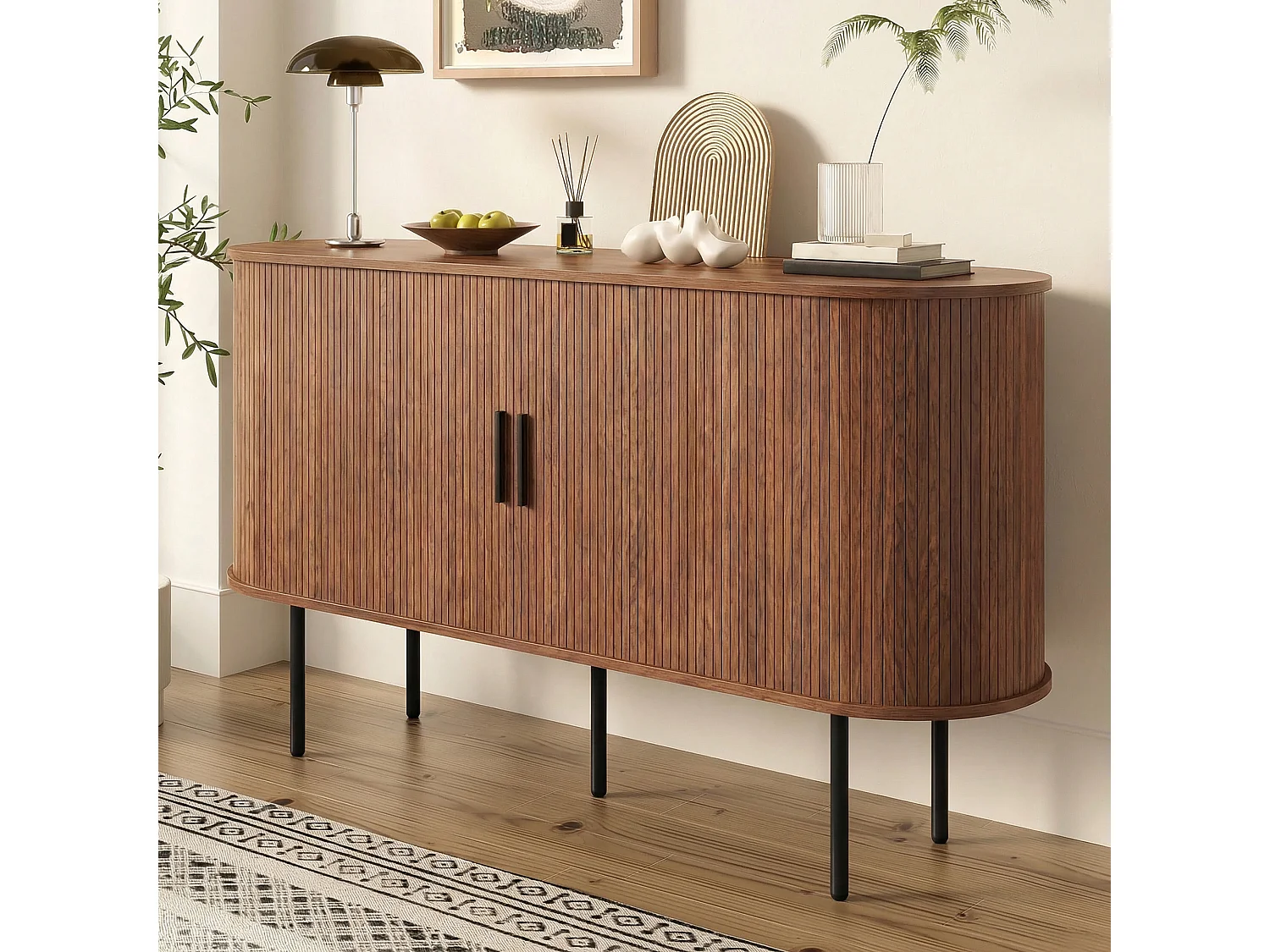 Buffet moderne 140x40x78 cm - 2 portes coulissantes - Poignées en aluminium, pieds en fer - MDF - Marron