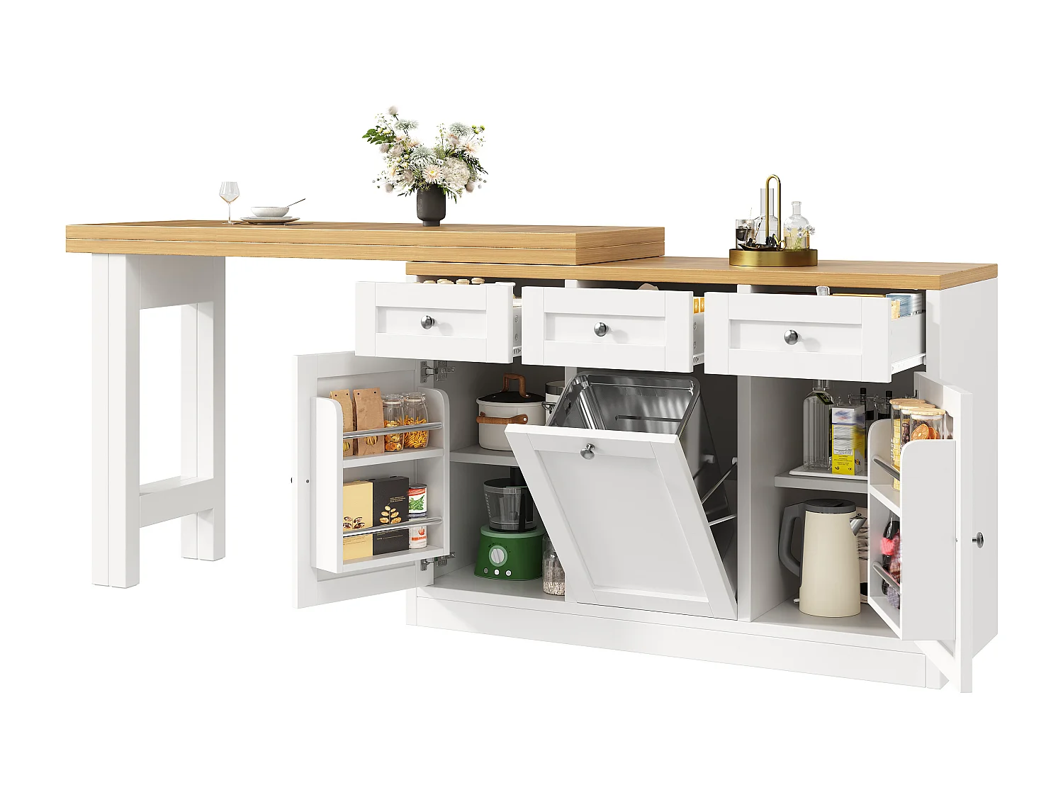 Mesa de bar extensível - 120-180 x 40 x 76 cm - com gaveta + prateleira + portas - MDF - branca