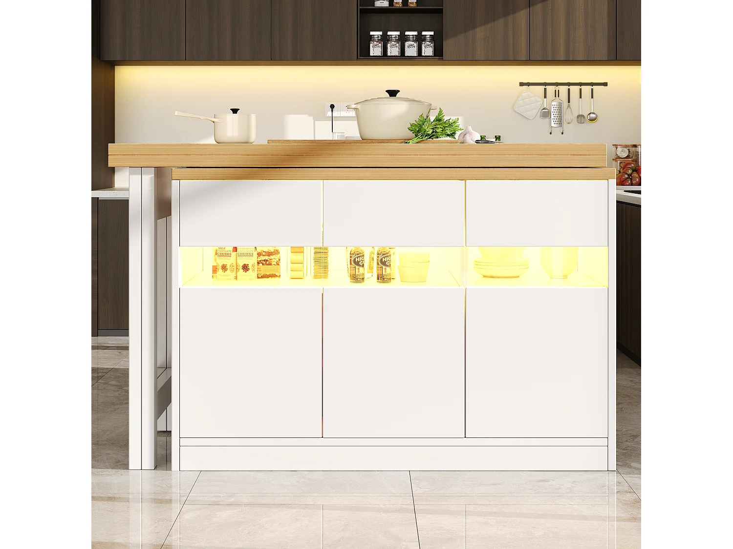 Extendable Kitchen Bar Cabinet - with LED Lighting - Large Tabletop - and 360° Rotation - 180x79.5x71.5cm - 3 Doors - White