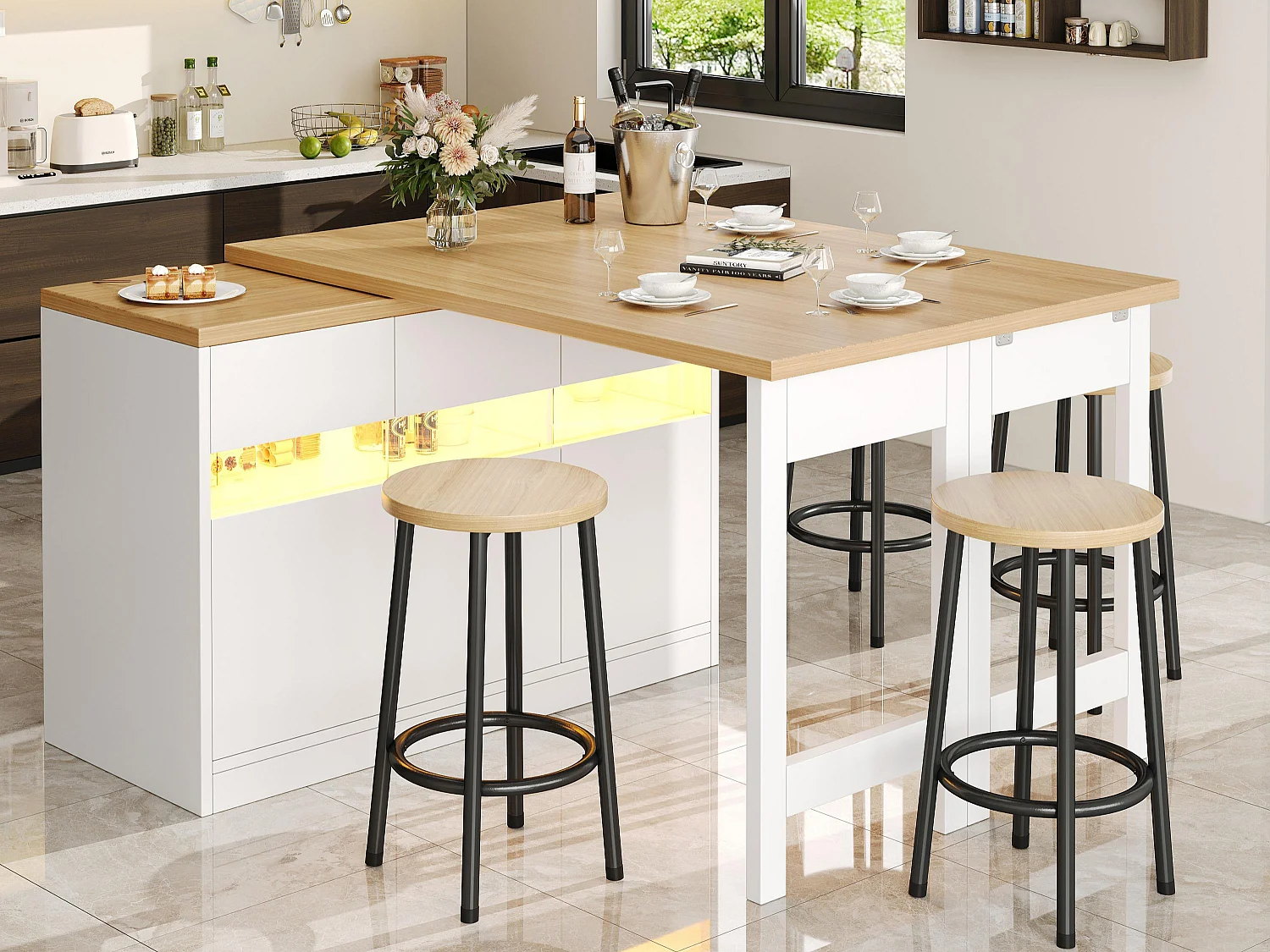 Extendable Kitchen Bar Cabinet - with LED Lighting - Large Tabletop - and 360° Rotation - 180x79.5x71.5cm - 3 Doors - White