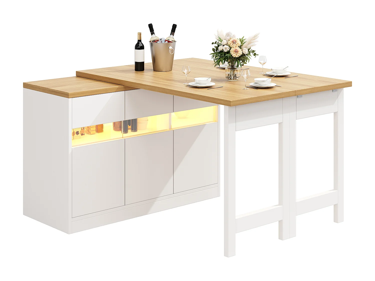 Extendable Kitchen Bar Cabinet - with LED Lighting - Large Tabletop - and 360° Rotation - 180x79.5x71.5cm - 3 Doors - White