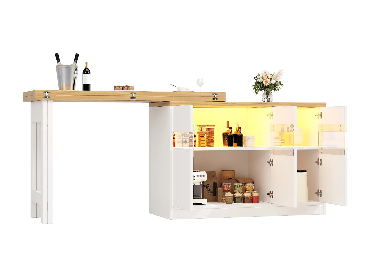 Extendable Kitchen Bar Cabinet - with LED Lighting - Large Tabletop - and 360° Rotation - 180x79.5x71.5cm - 3 Doors - White
