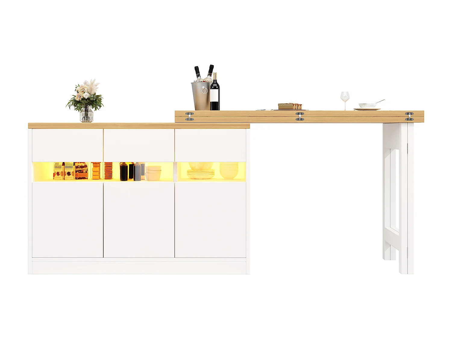 Extendable Kitchen Bar Cabinet - with LED Lighting - Large Tabletop - and 360° Rotation - 180x79.5x71.5cm - 3 Doors - White