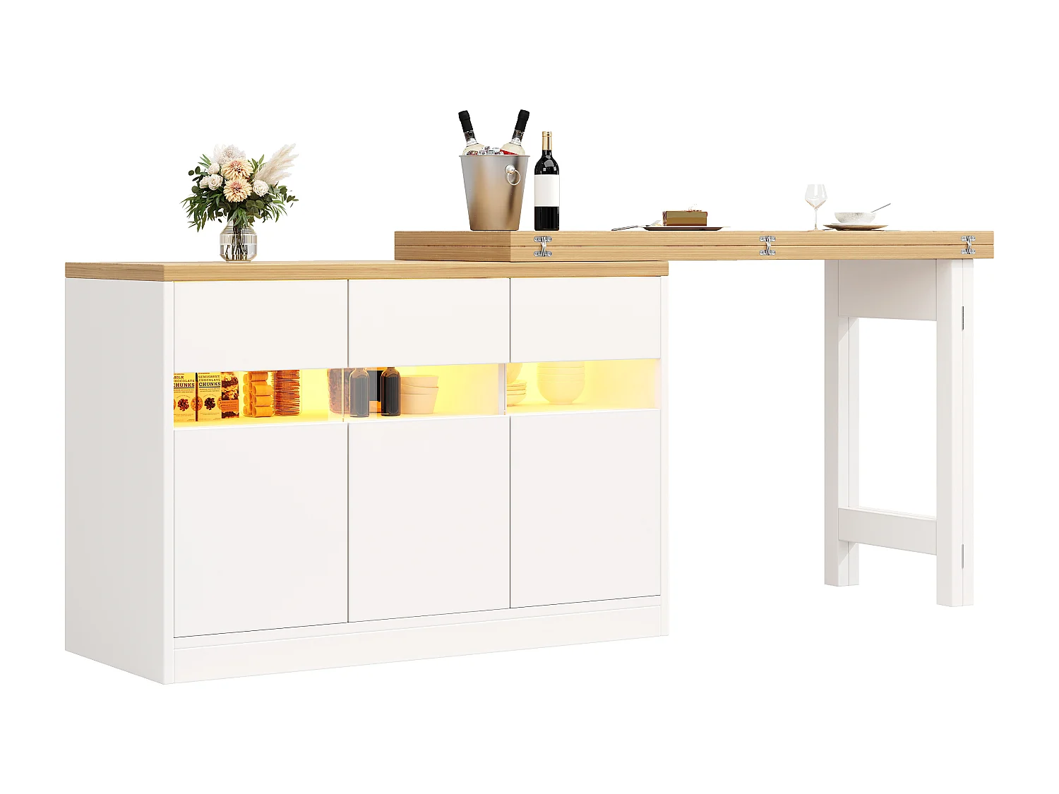 Extendable Kitchen Bar Cabinet - with LED Lighting - Large Tabletop - and 360° Rotation - 180x79.5x71.5cm - 3 Doors - White