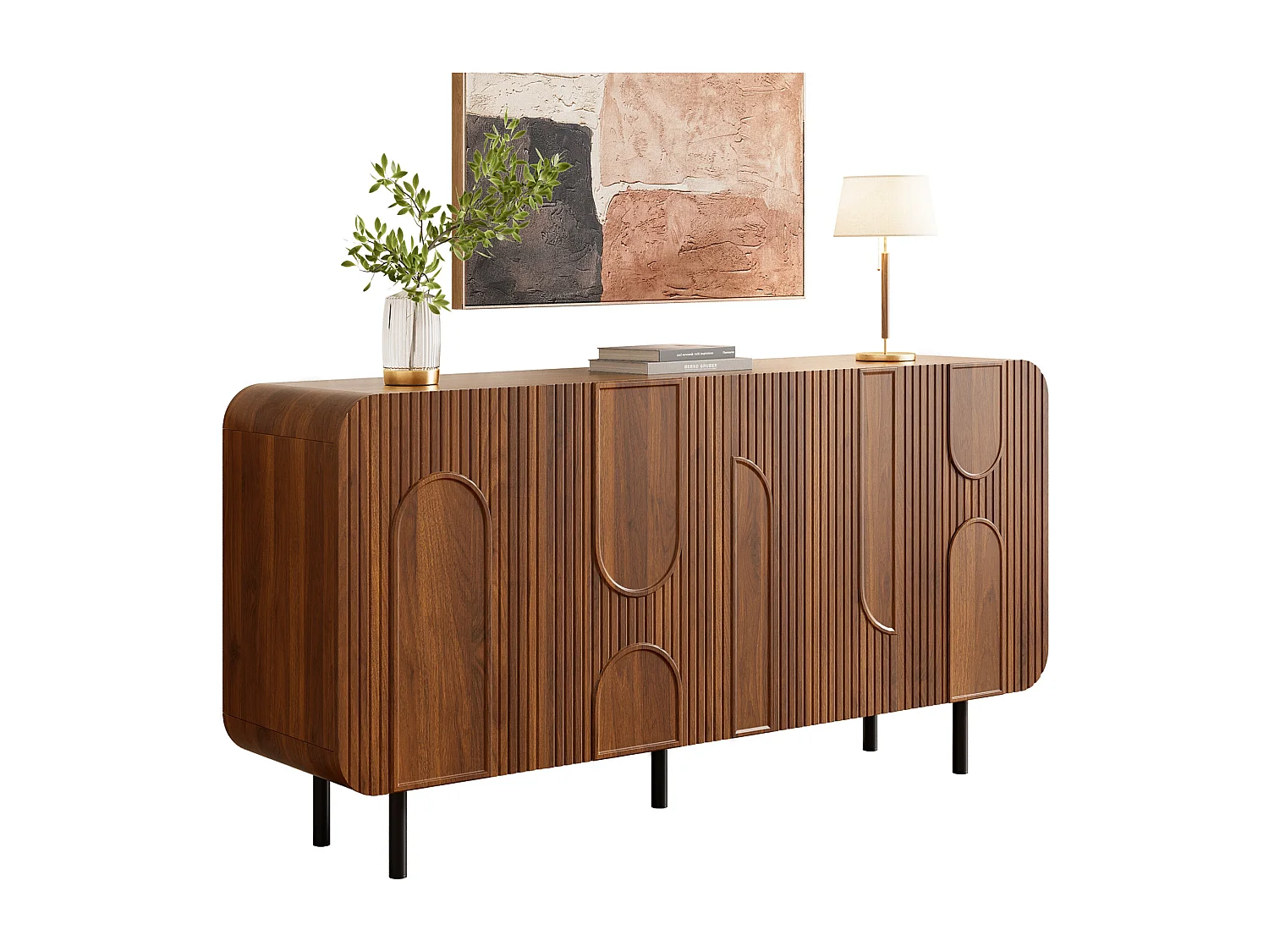 Buffet style médiéval 160x40x79 cm - 4 portes, 8 compartiments - Étagères réglables - Placage noyer - Pieds en métal - Marron