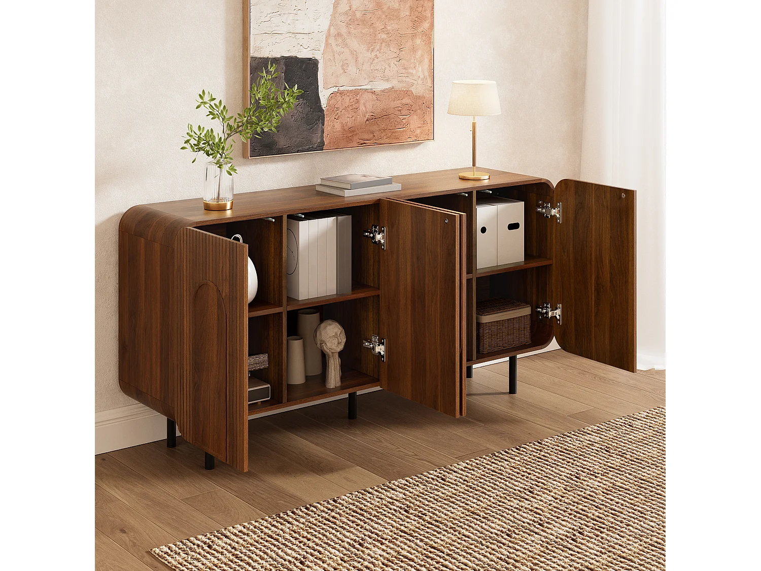 Buffet style médiéval 160x40x79 cm - 4 portes, 8 compartiments - Étagères réglables - Placage noyer - Pieds en métal - Marron