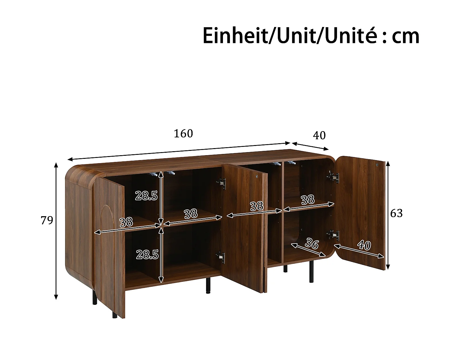 Buffet style médiéval 160x40x79 cm - 4 portes, 8 compartiments - Étagères réglables - Placage noyer - Pieds en métal - Marron