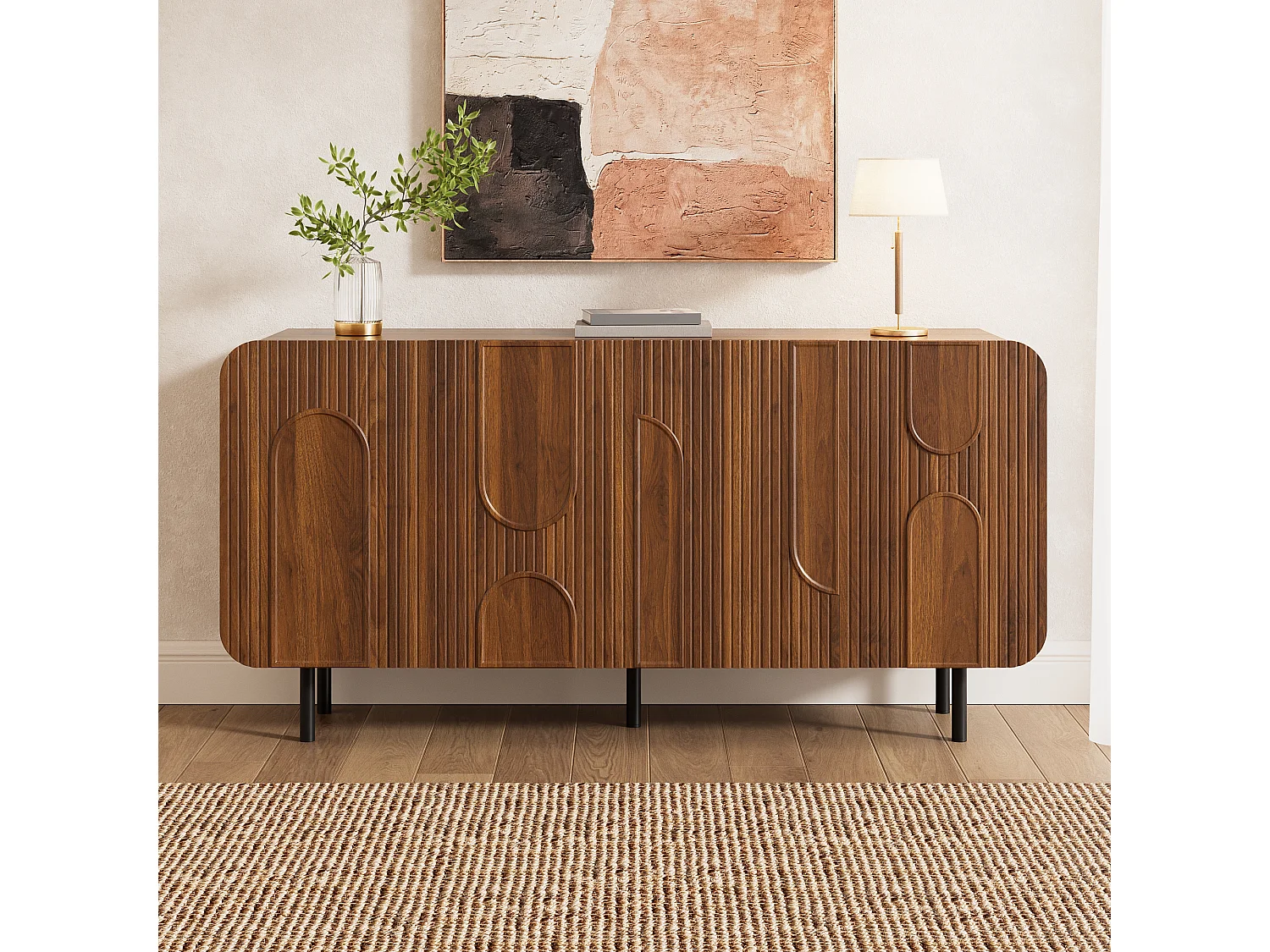 Buffet style médiéval 160x40x79 cm - 4 portes, 8 compartiments - Étagères réglables - Placage noyer - Pieds en métal - Marron