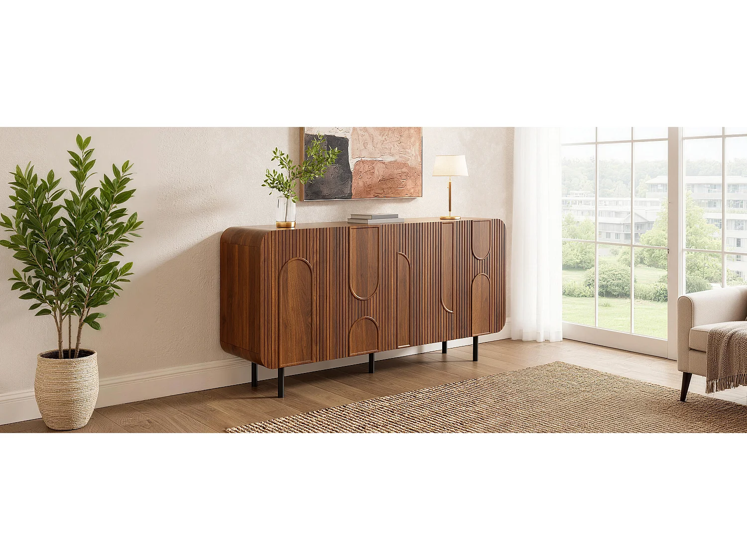 Buffet style médiéval 160x40x79 cm - 4 portes, 8 compartiments - Étagères réglables - Placage noyer - Pieds en métal - Marron