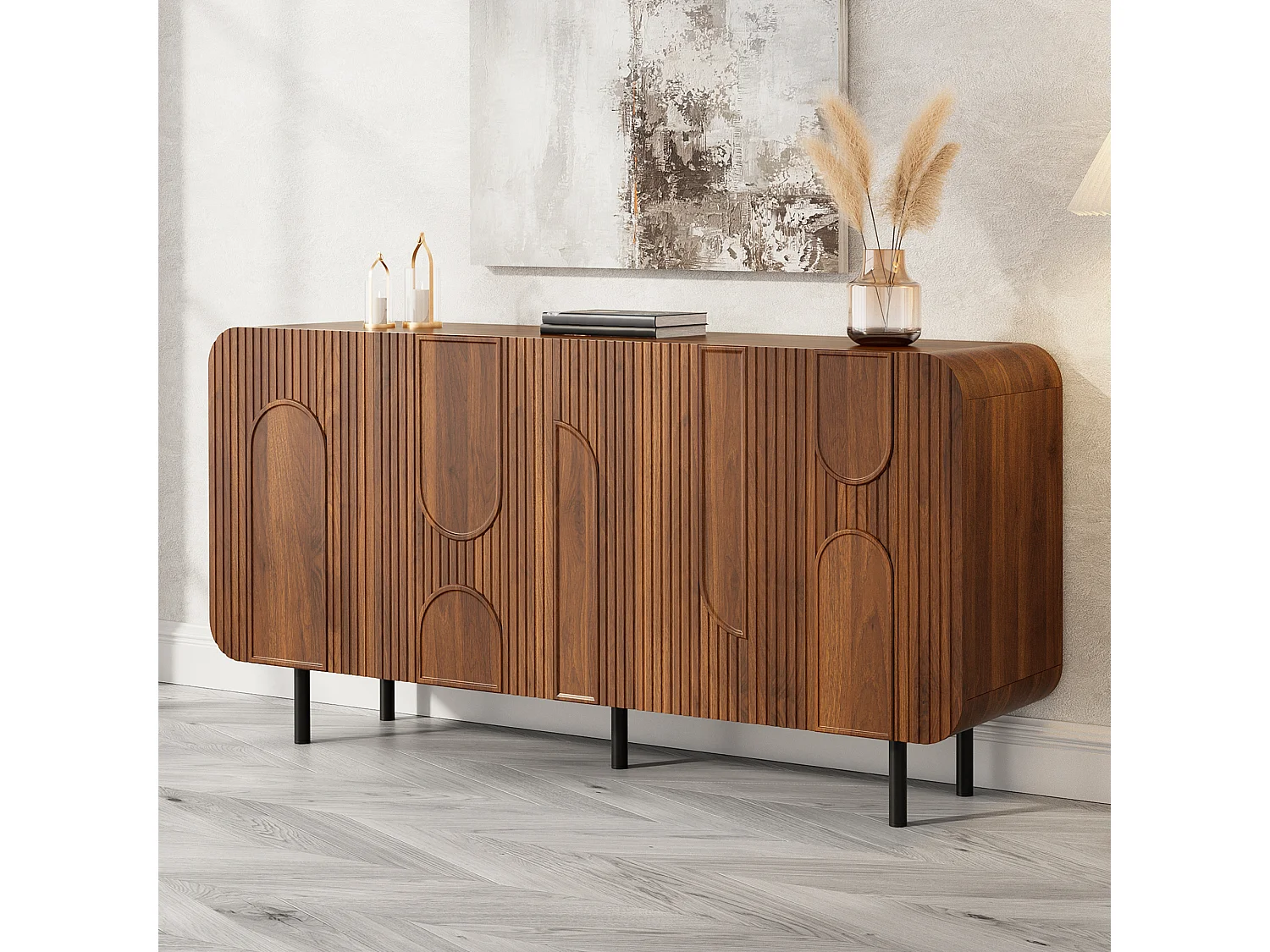 Buffet style médiéval 160x40x79 cm - 4 portes, 8 compartiments - Étagères réglables - Placage noyer - Pieds en métal - Marron