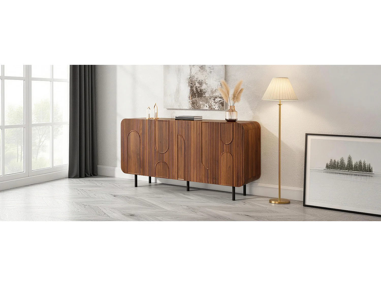 Buffet style médiéval 160x40x79 cm - 4 portes, 8 compartiments - Étagères réglables - Placage noyer - Pieds en métal - Marron