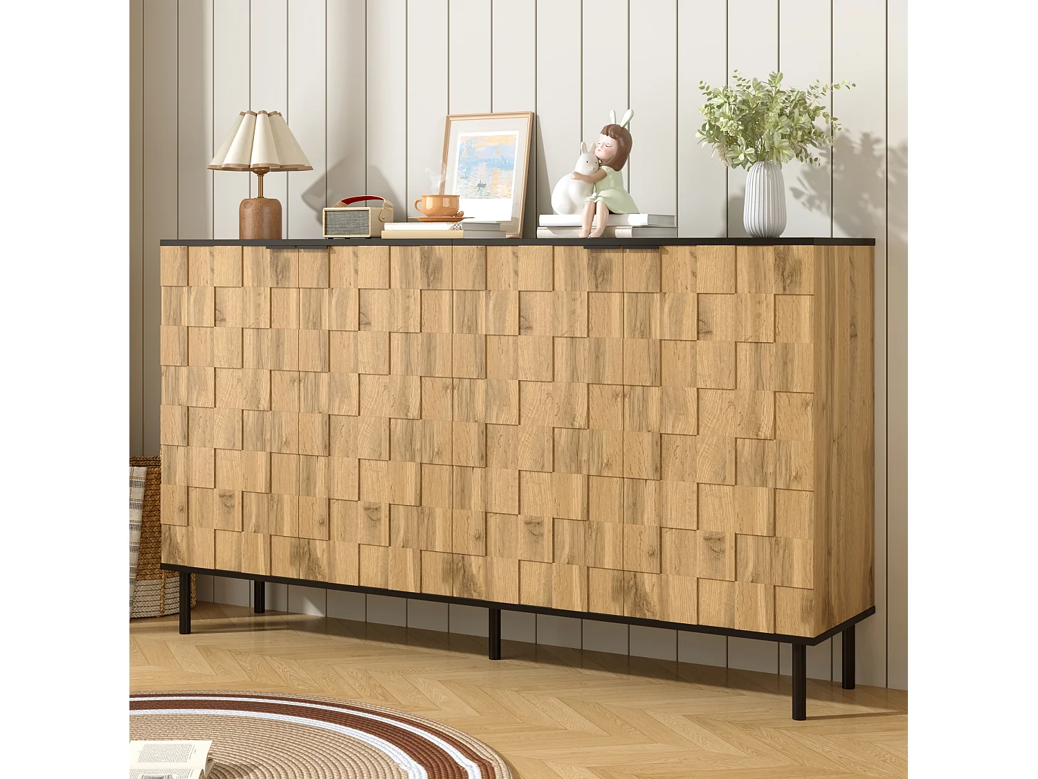 Kredens mozaika 160x35x80,5 cm - 4 drzwi - Wykończenie imitujące drewno - Nogi metalowe - Płyta wiórowa - Naturalny