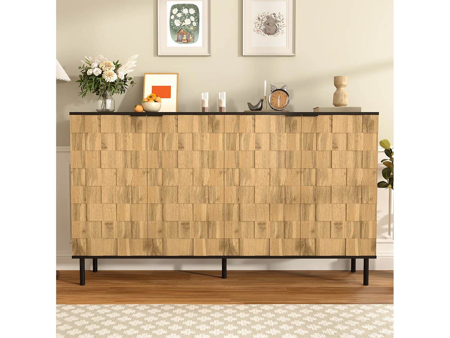 Kredens mozaika 160x35x80,5 cm - 4 drzwi - Wykończenie imitujące drewno - Nogi metalowe - Płyta wiórowa - Naturalny