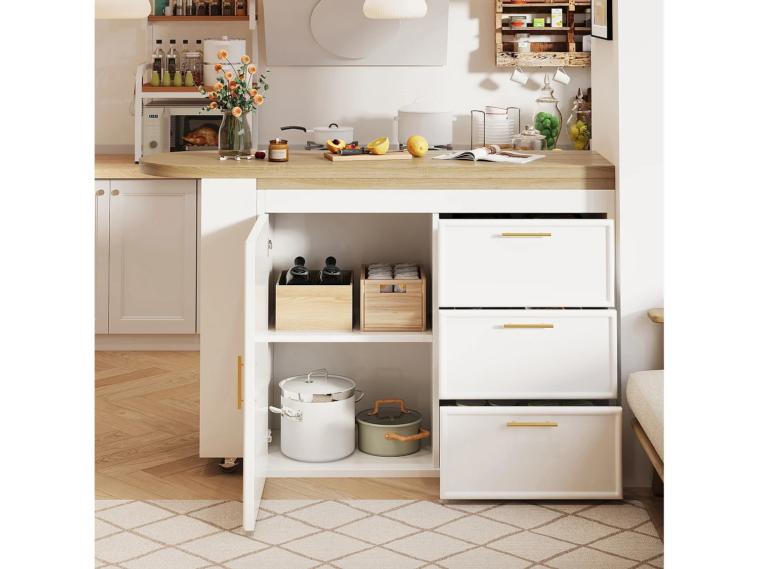 Ausziehbarer Bar-Schrank - drehbar - 128-203x39x90cm - mit 1 Tür und 3 Schubladen - großer Stauraum und Metallgriffe - Weiß