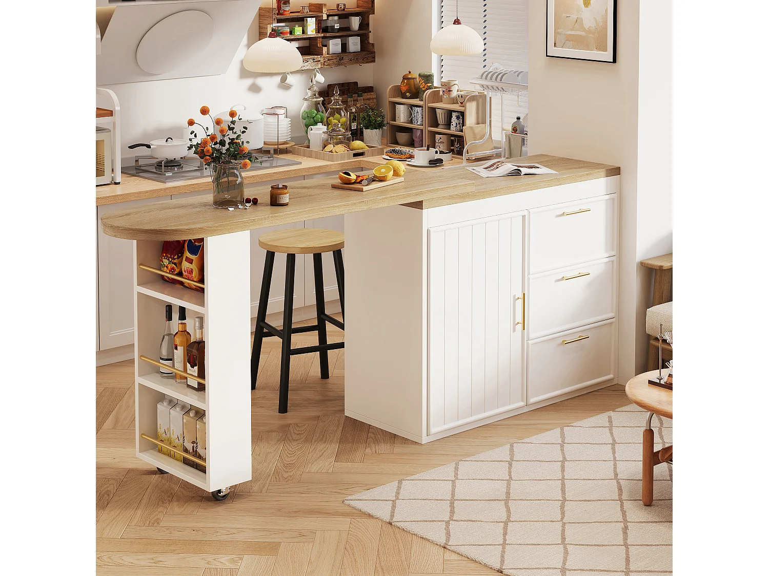 Ausziehbarer Bar-Schrank - drehbar - 128-203x39x90cm - mit 1 Tür und 3 Schubladen - großer Stauraum und Metallgriffe - Weiß