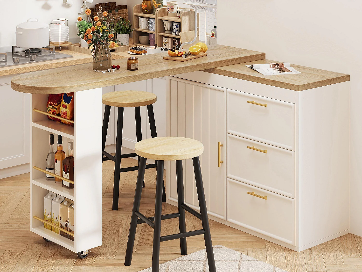 Ausziehbarer Bar-Schrank - drehbar - 128-203x39x90cm - mit 1 Tür und 3 Schubladen - großer Stauraum und Metallgriffe - Weiß