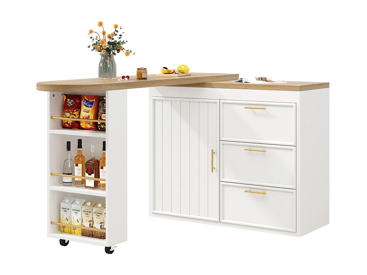 Ausziehbarer Bar-Schrank - drehbar - 128-203x39x90cm - mit 1 Tür und 3 Schubladen - großer Stauraum und Metallgriffe - Weiß