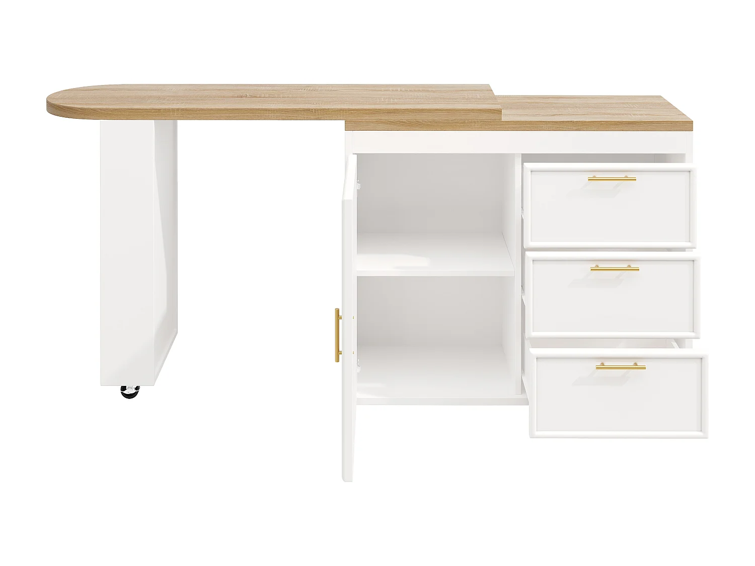 Ausziehbarer Bar-Schrank - drehbar - 128-203x39x90cm - mit 1 Tür und 3 Schubladen - großer Stauraum und Metallgriffe - Weiß