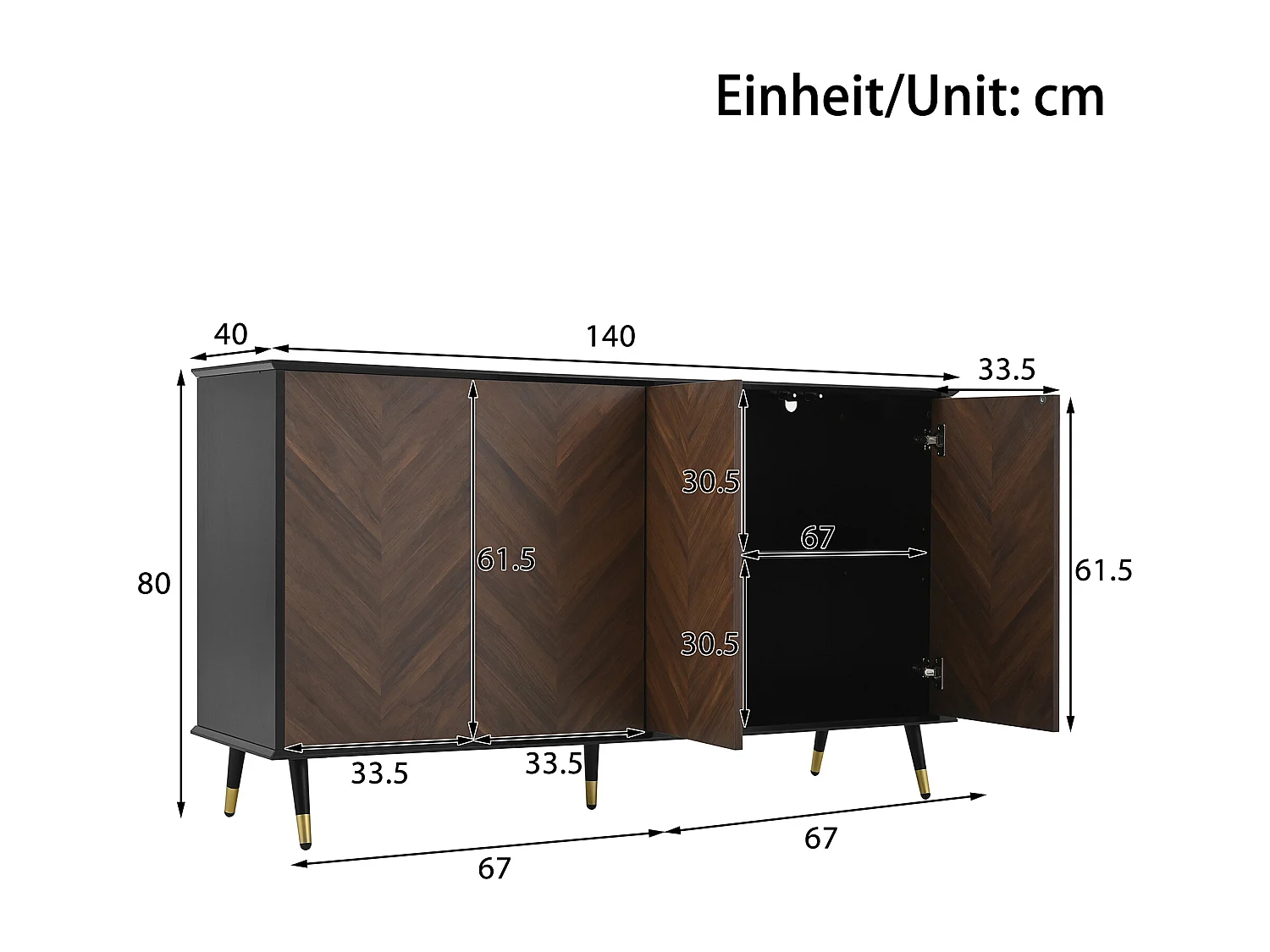 Modern dressoir 140x40x80 cm - 4 deuren en verstelbare planken - Metalen poten - MDF - Bruin