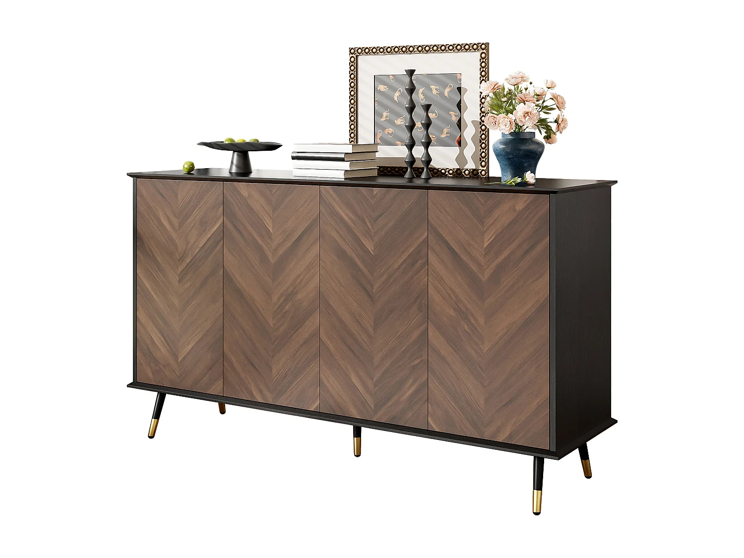 Modern dressoir 140x40x80 cm - 4 deuren en verstelbare planken - Metalen poten - MDF - Bruin