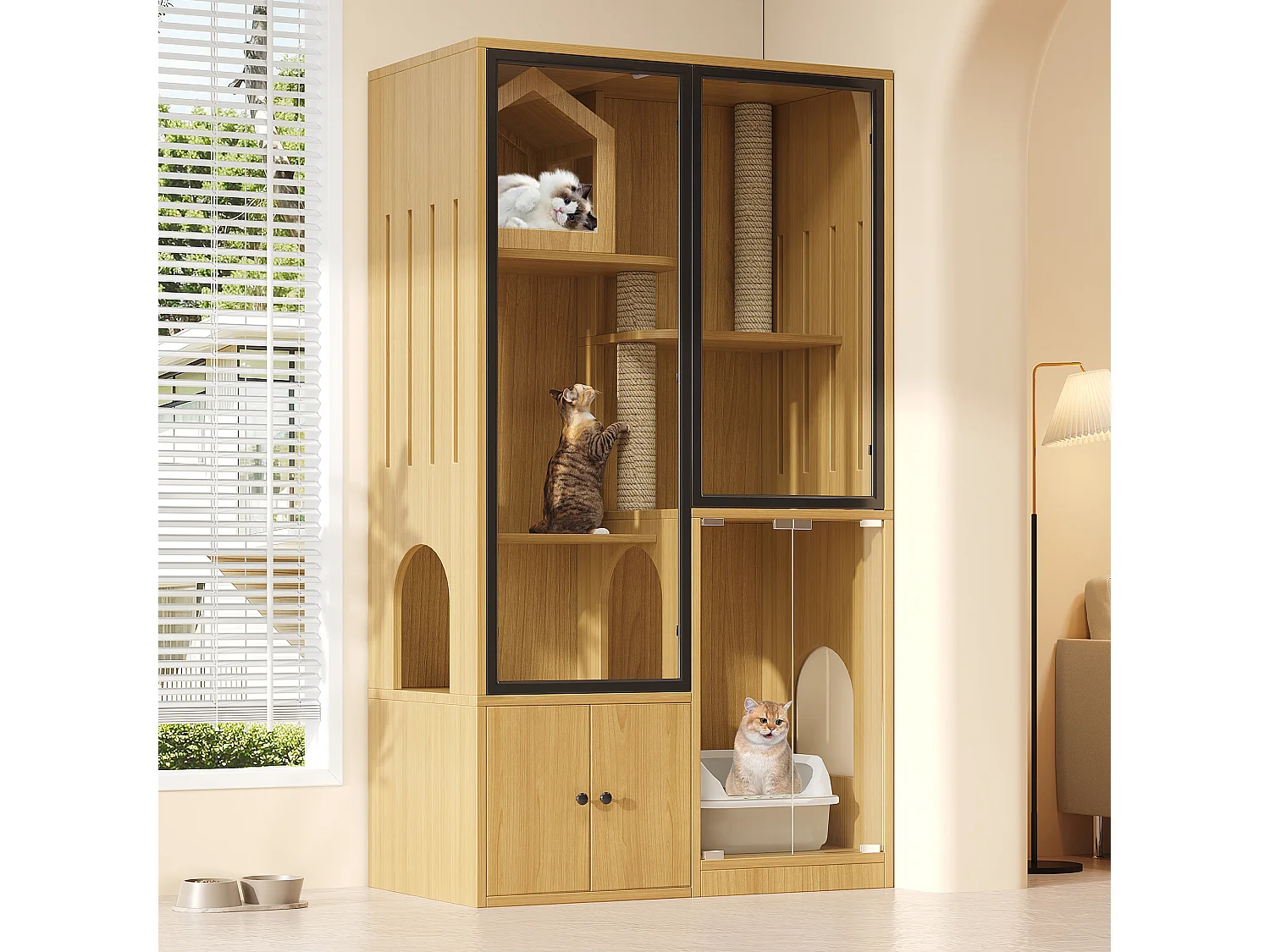 Grande maison pour chat 90x50x160cm - avec griffoir - 4 portes - naturel（sans bac à litière）