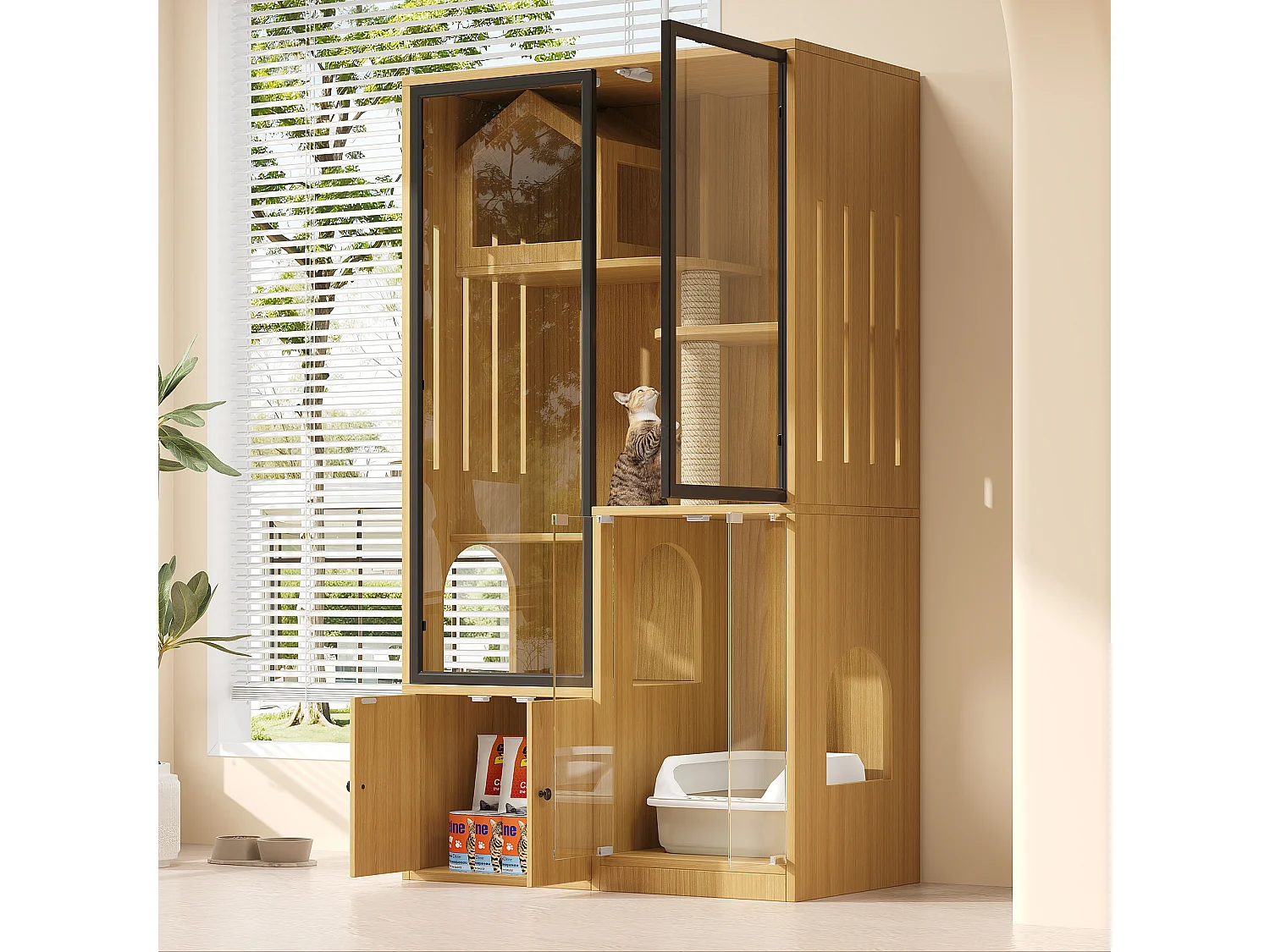 Grande maison pour chat 90x50x160cm - avec griffoir - 4 portes - naturel（sans bac à litière）