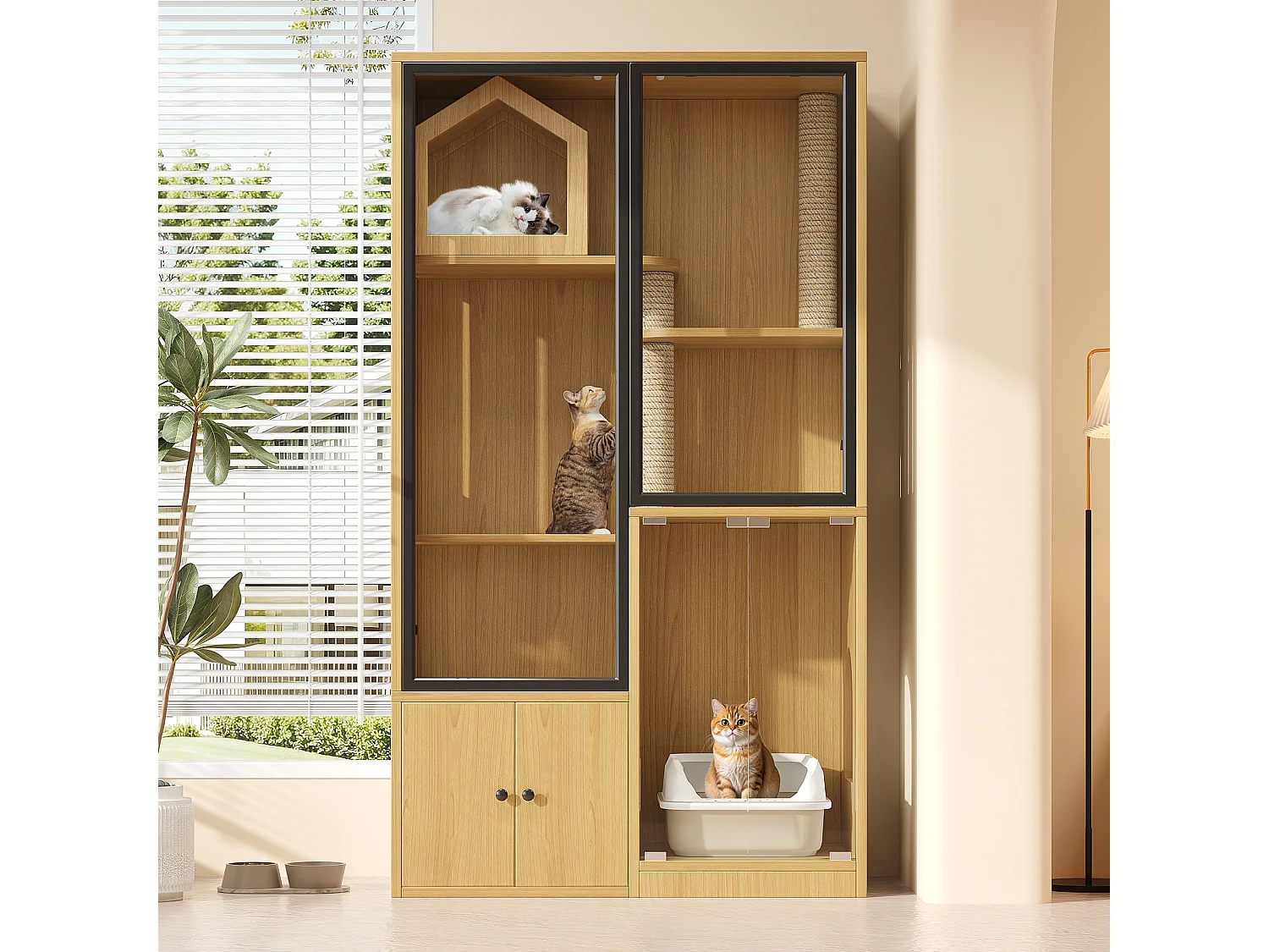 Grande maison pour chat 90x50x160cm - avec griffoir - 4 portes - naturel（sans bac à litière）