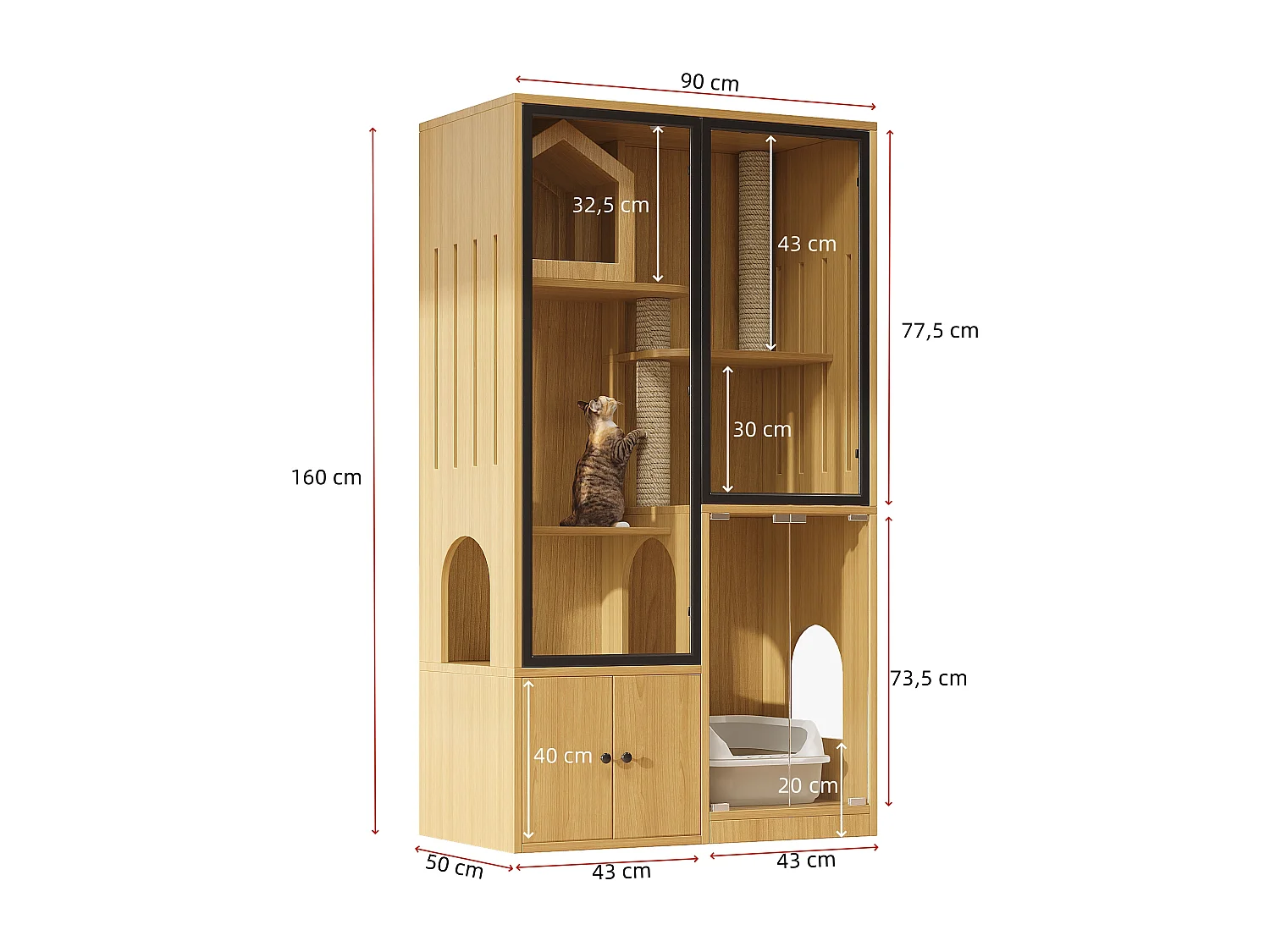 Grande maison pour chat 90x50x160cm - avec griffoir - 4 portes - naturel（sans bac à litière）