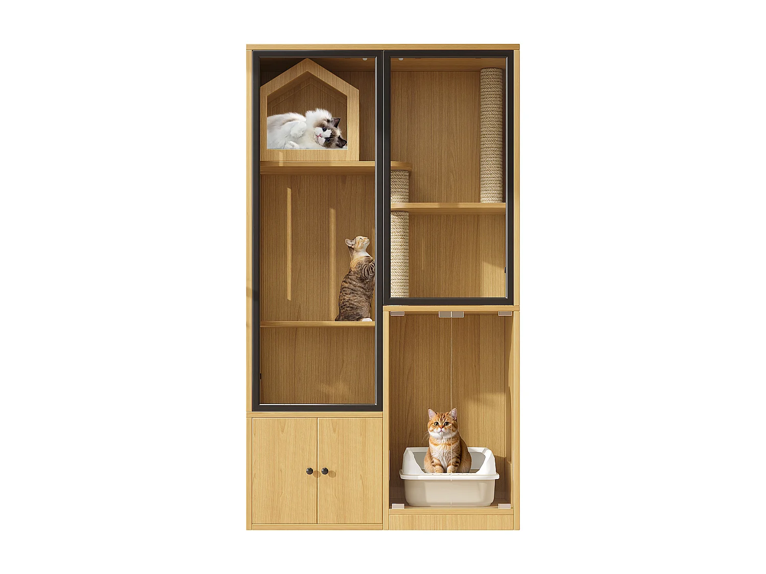 Grande maison pour chat 90x50x160cm - avec griffoir - 4 portes - naturel（sans bac à litière）
