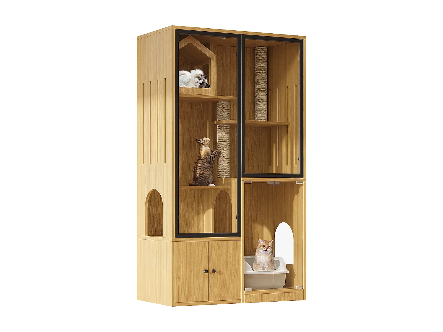 Grande maison pour chat 90x50x160cm - avec griffoir - 4 portes - naturel（sans bac à litière）