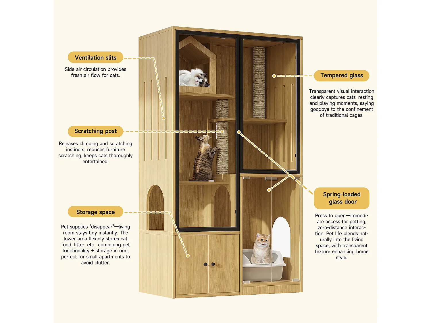 Grande maison pour chat 90x50x160cm - avec griffoir - 4 portes - naturel（sans bac à litière）