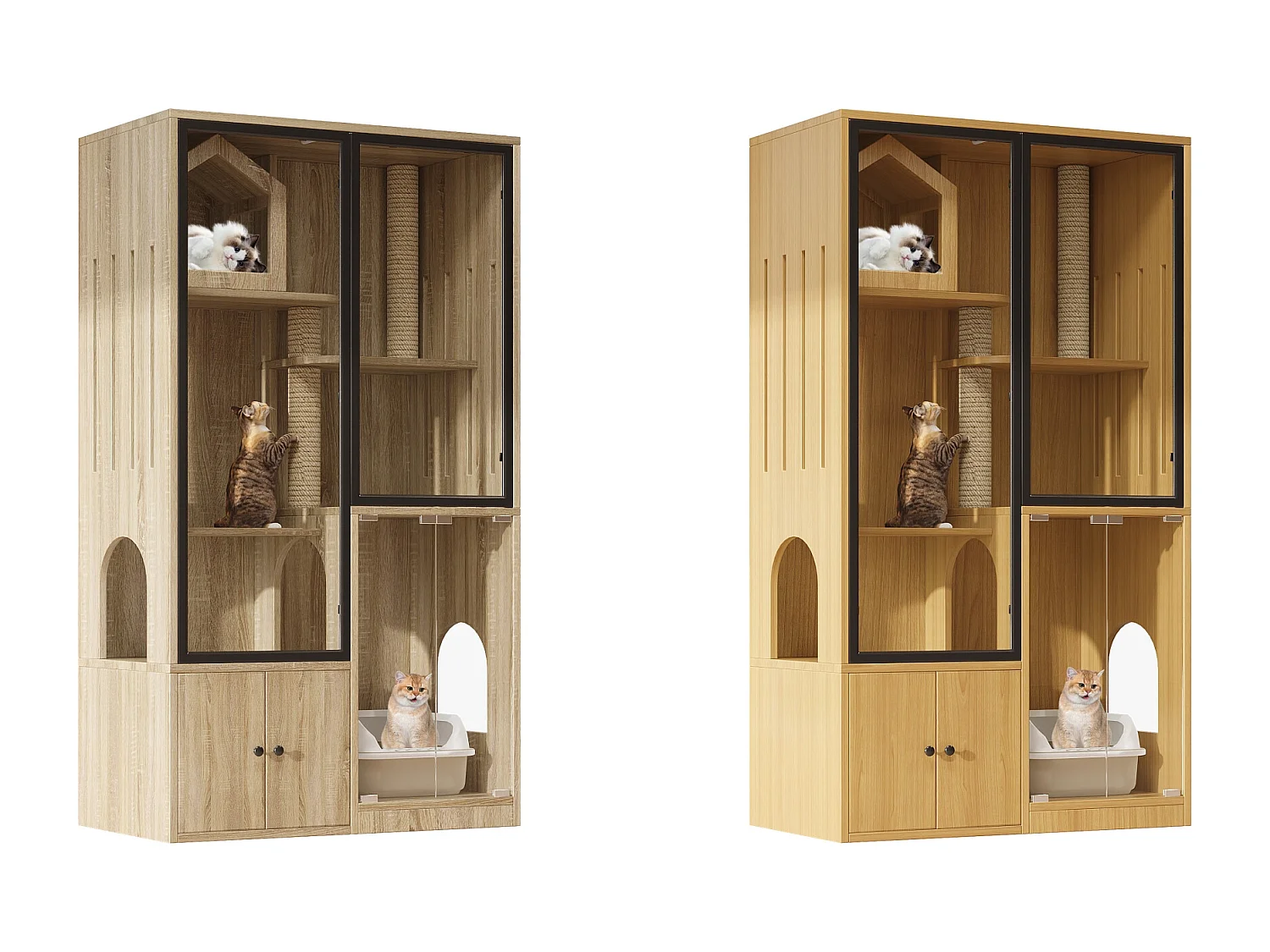 Grande maison pour chat 90x50x160cm - avec griffoir - 4 portes - naturel（sans bac à litière）