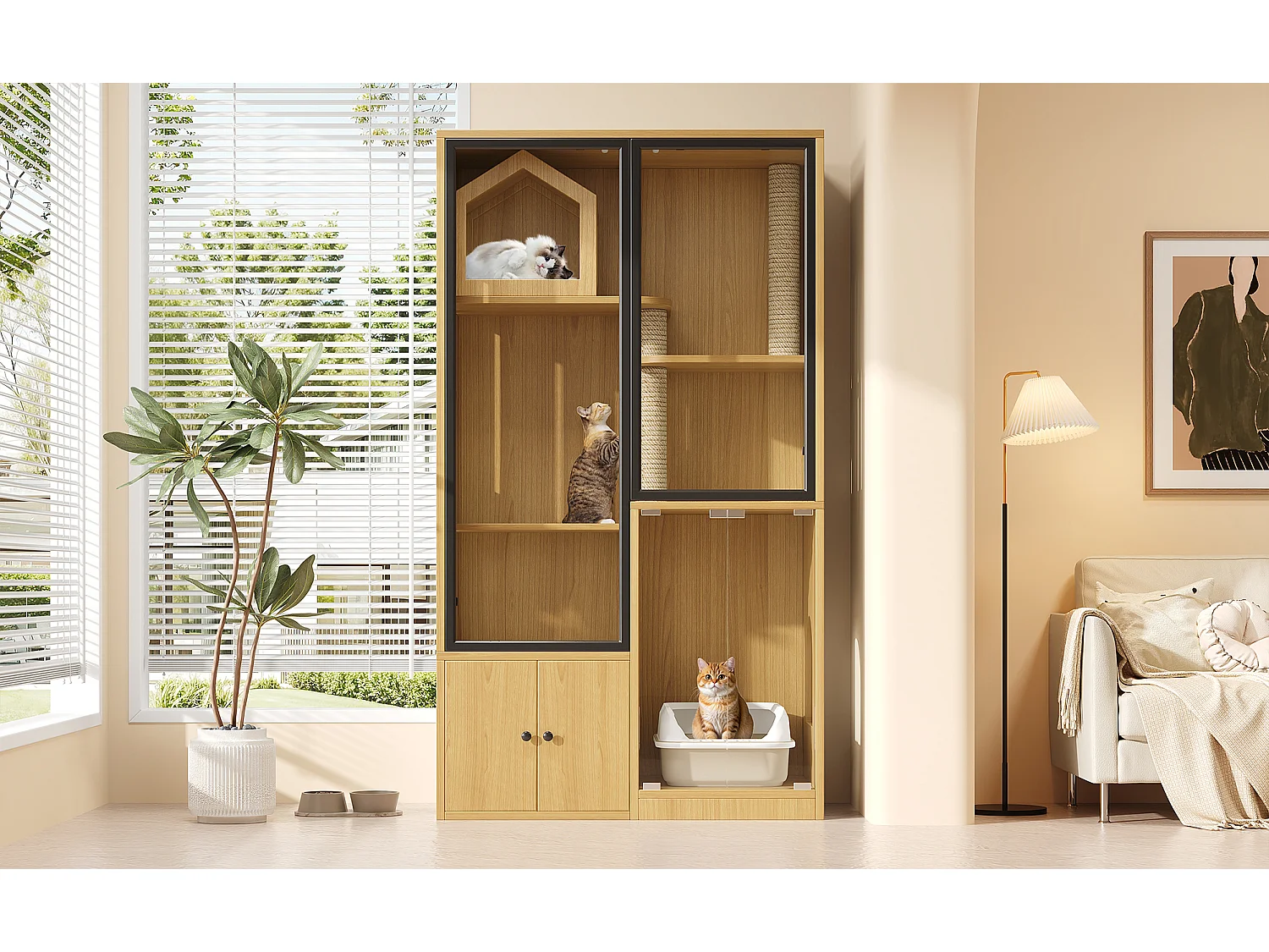 Grande maison pour chat 90x50x160cm - avec griffoir - 4 portes - naturel（sans bac à litière）