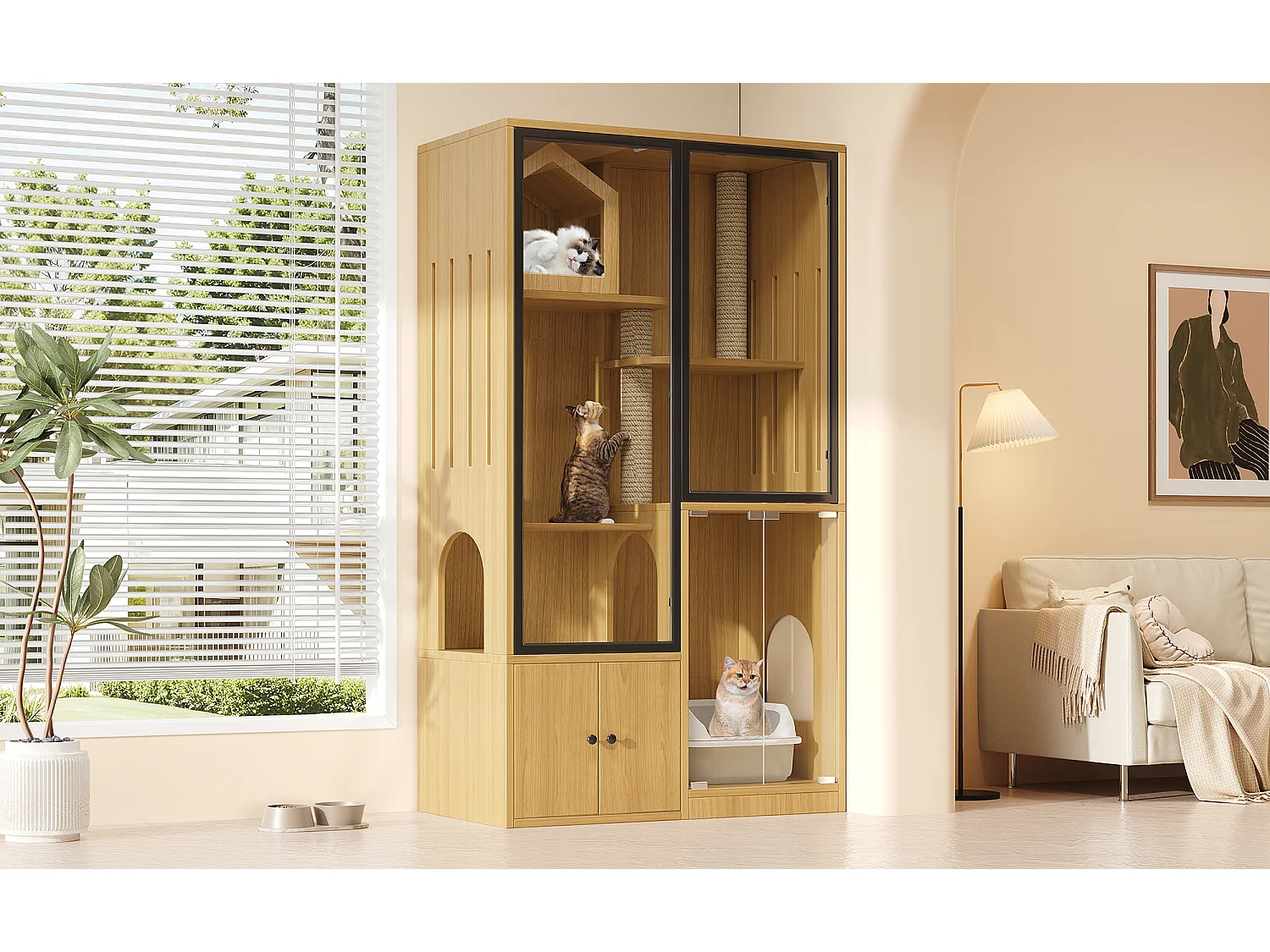 Grande maison pour chat 90x50x160cm - avec griffoir - 4 portes - naturel（sans bac à litière）