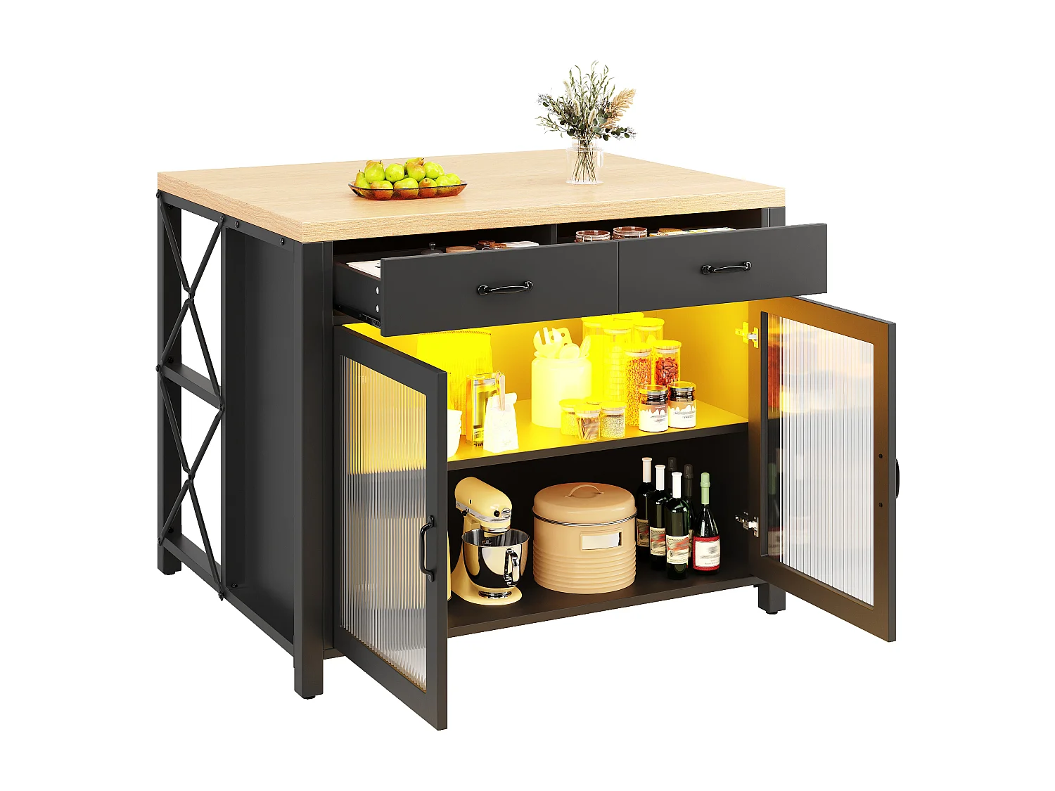 Ensemble table de bar avec tabourets(5 pièces) - table de bar avec Leds + tiroirs + 4 tabourets - MDF - noir