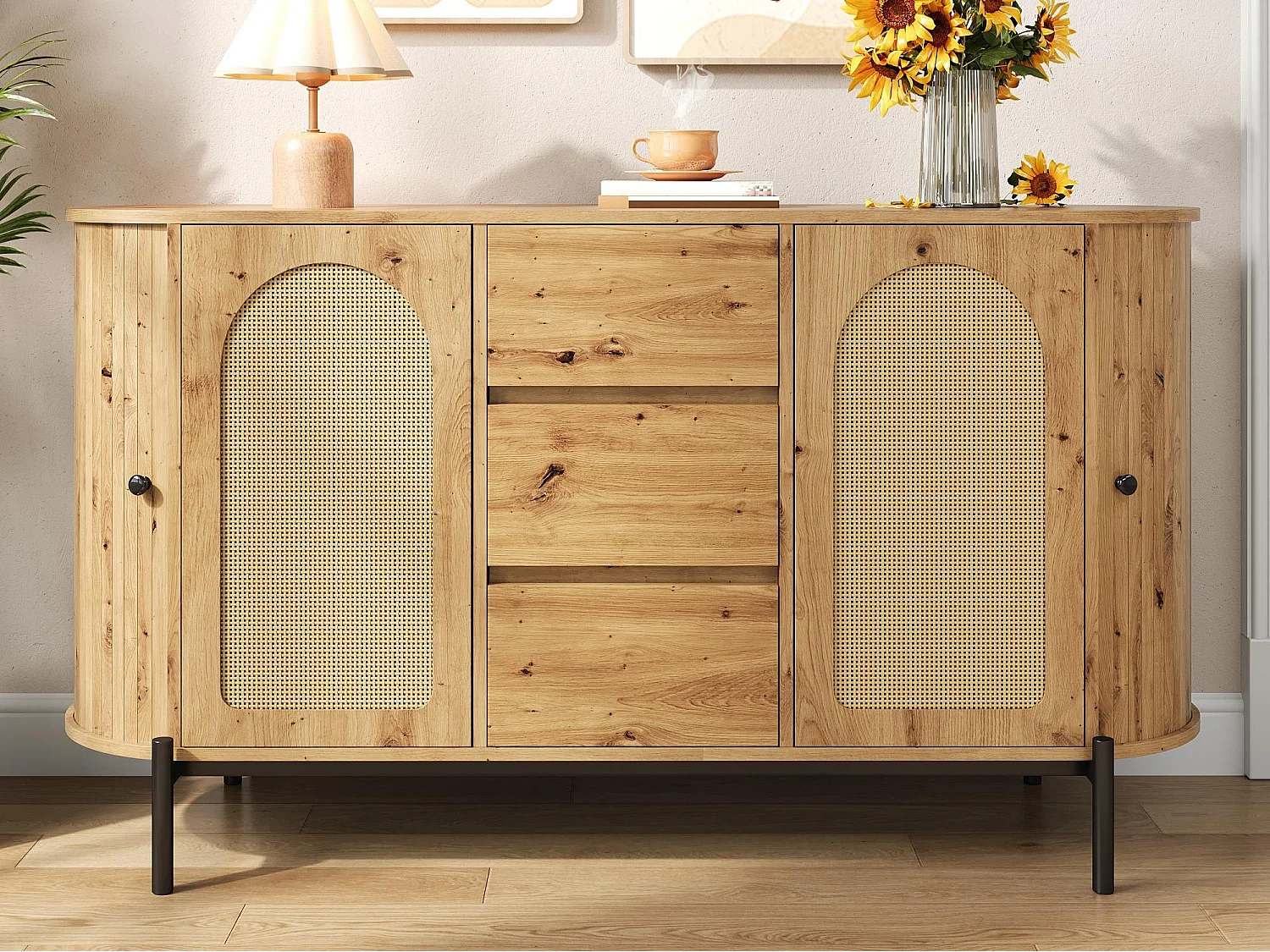 Buffet ovale en rotin 140x38x77.5cm - 4 portes et 3 tiroirs - Finition imitation bois - Pieds en métal - MDF - Naturel
