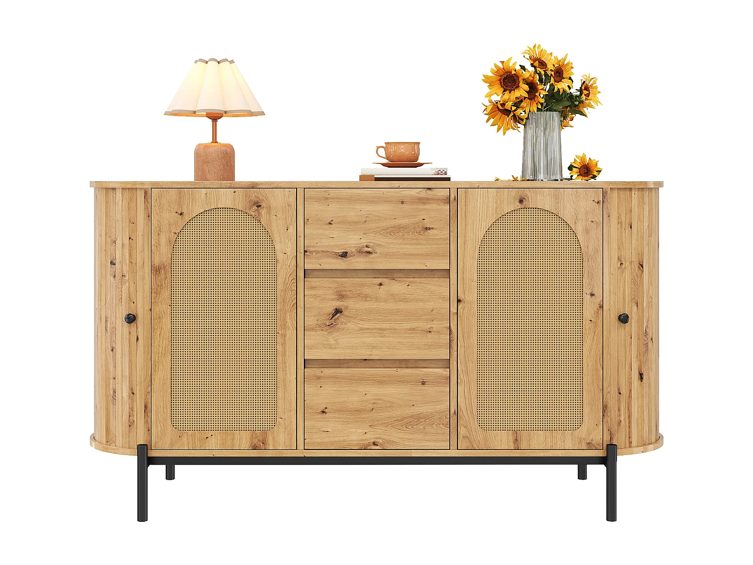 Buffet ovale en rotin 140x38x77.5cm - 4 portes et 3 tiroirs - Finition imitation bois - Pieds en métal - MDF - Naturel
