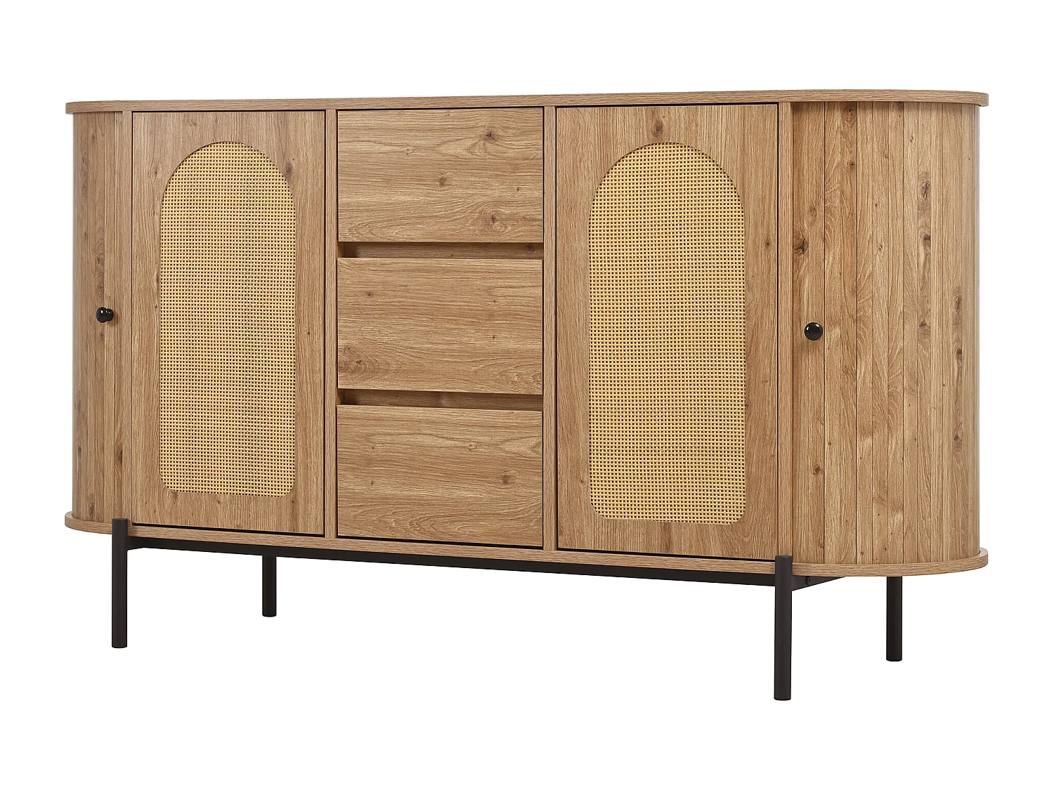 Buffet ovale en rotin 140x38x77.5cm - 4 portes et 3 tiroirs - Finition imitation bois - Pieds en métal - MDF - Naturel