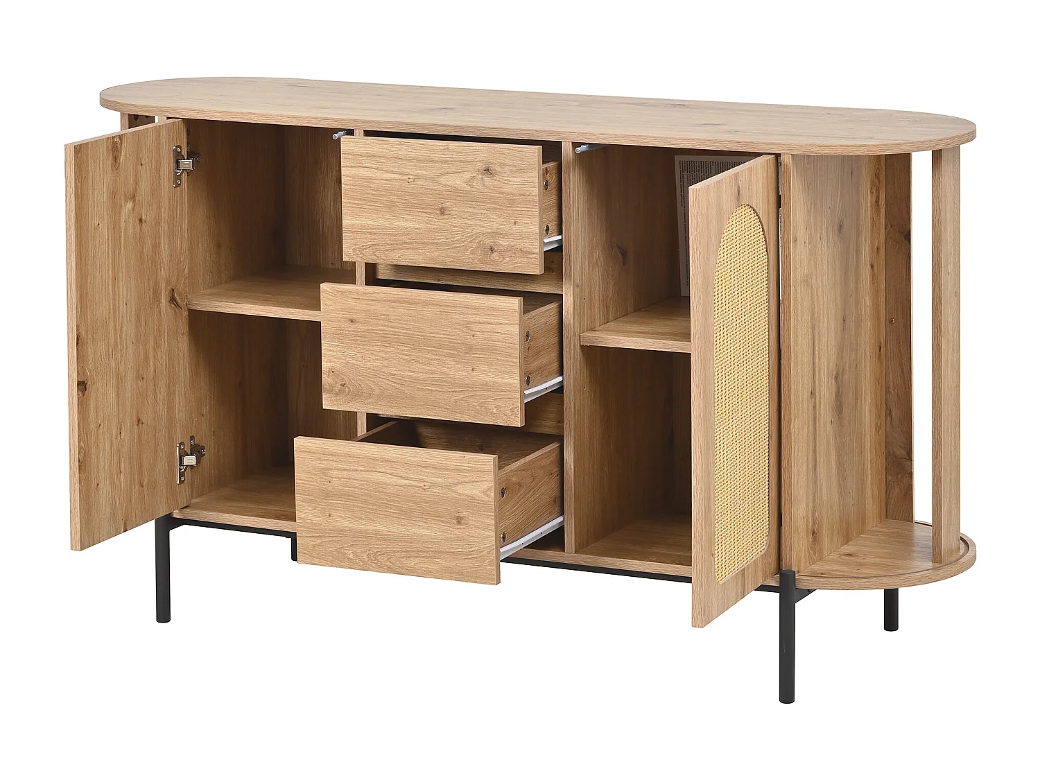 Buffet ovale en rotin 140x38x77.5cm - 4 portes et 3 tiroirs - Finition imitation bois - Pieds en métal - MDF - Naturel