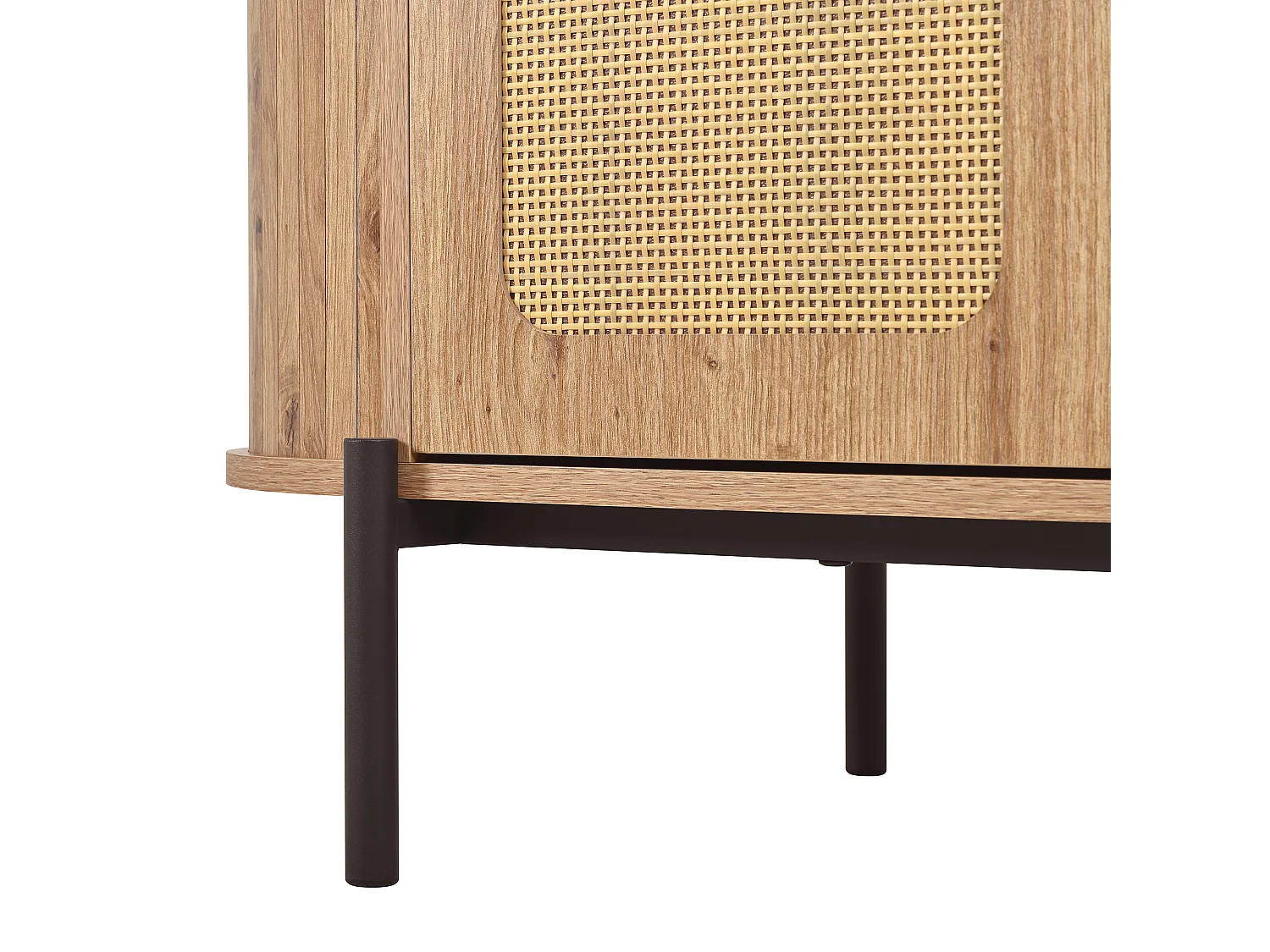 Buffet ovale en rotin 140x38x77.5cm - 4 portes et 3 tiroirs - Finition imitation bois - Pieds en métal - MDF - Naturel