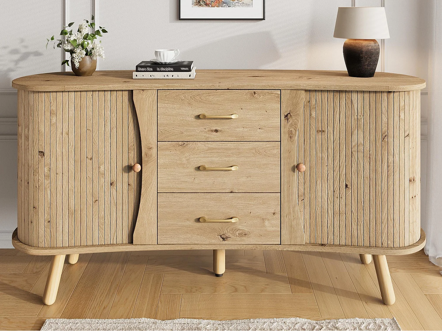 Credenza a forma di pisello 150x36,5x75 cm - 2 ante scorrevoli + 3 cassetti - Ripiani regolabili - Piedi in legno massello - Naturale
