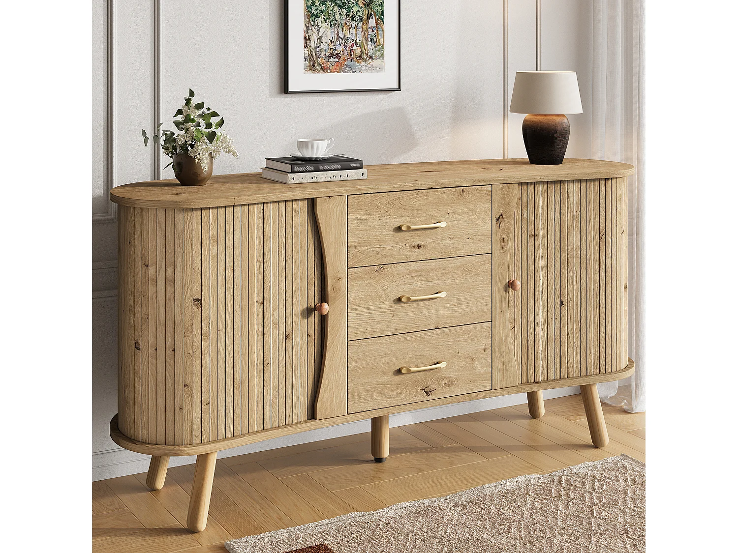 Credenza a forma di pisello 150x36,5x75 cm - 2 ante scorrevoli + 3 cassetti - Ripiani regolabili - Piedi in legno massello - Naturale